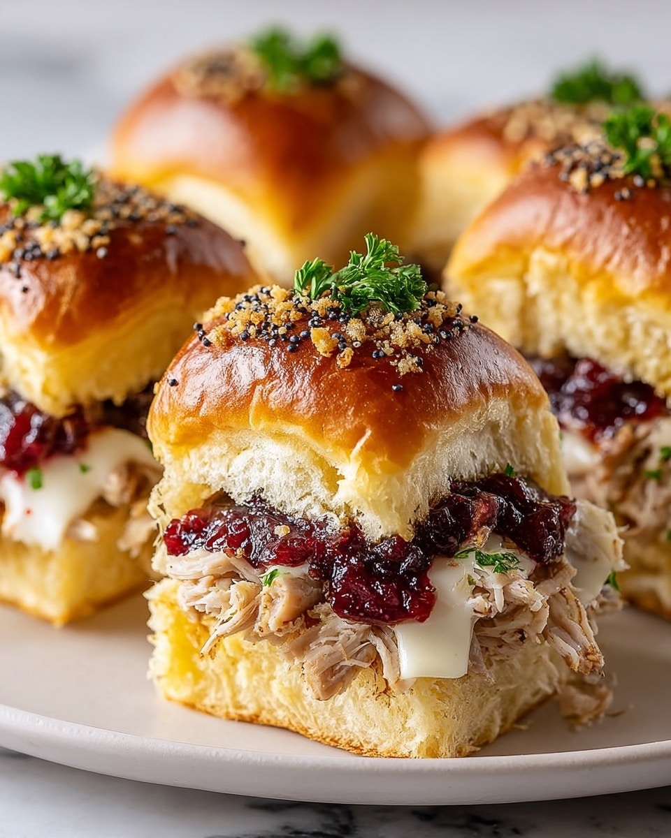 This image shows four square sandwich sliders on a white plate against a white marbled texture background. Each slider has three layers inside: the bottom layer is soft, light yellow bread; on top of that is shredded light brown roasted chicken; the next layer has melted white cheese that drapes over the chicken; above the cheese is a thick layer of dark red cranberry sauce with bits of green parsley sprinkled inside and on top; the top layer is a shiny golden brown bread bun sprinkled with black poppy seeds and small brown crumbs, each topped with a small sprig of fresh green parsley. photo taken with an iphone --ar 4:5 --v 7