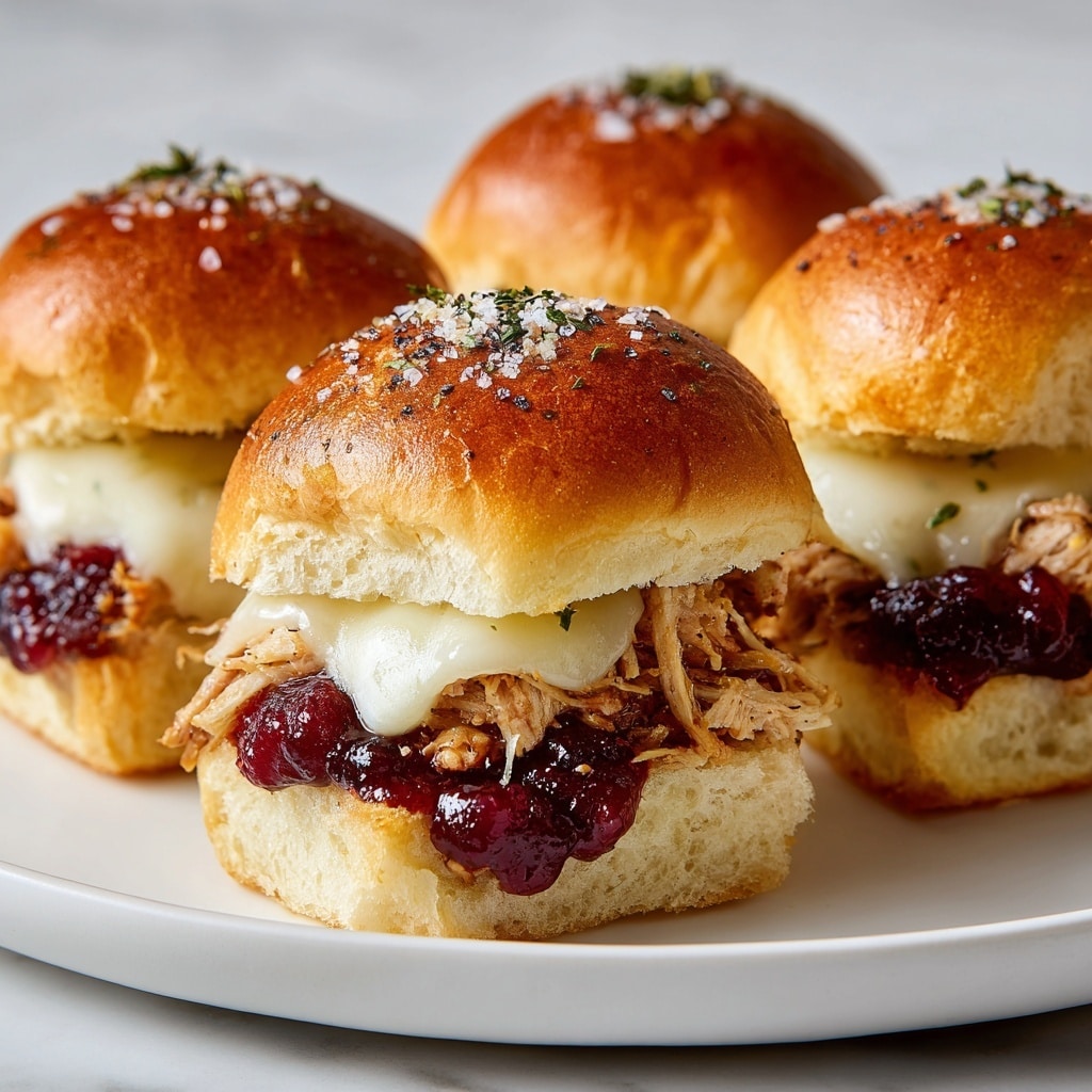 Four small sandwich sliders are shown on a white plate with a white marbled background. Each slider has three layers: the top layer is a golden-brown, shiny baked bun sprinkled with coarse salt, black pepper, and green herbs; the middle layer is melted white cheese that drapes softly over shredded light brown meat mixed with a thick, dark red cranberry sauce that oozes slightly out the bottom; the bottom layer is a soft, lightly toasted white bun with a fluffy texture. The sandwiches are close together with a clear focus on the front slider, showing all the textures and colors in detail. Photo taken with an iphone --ar 4:5 --v 7