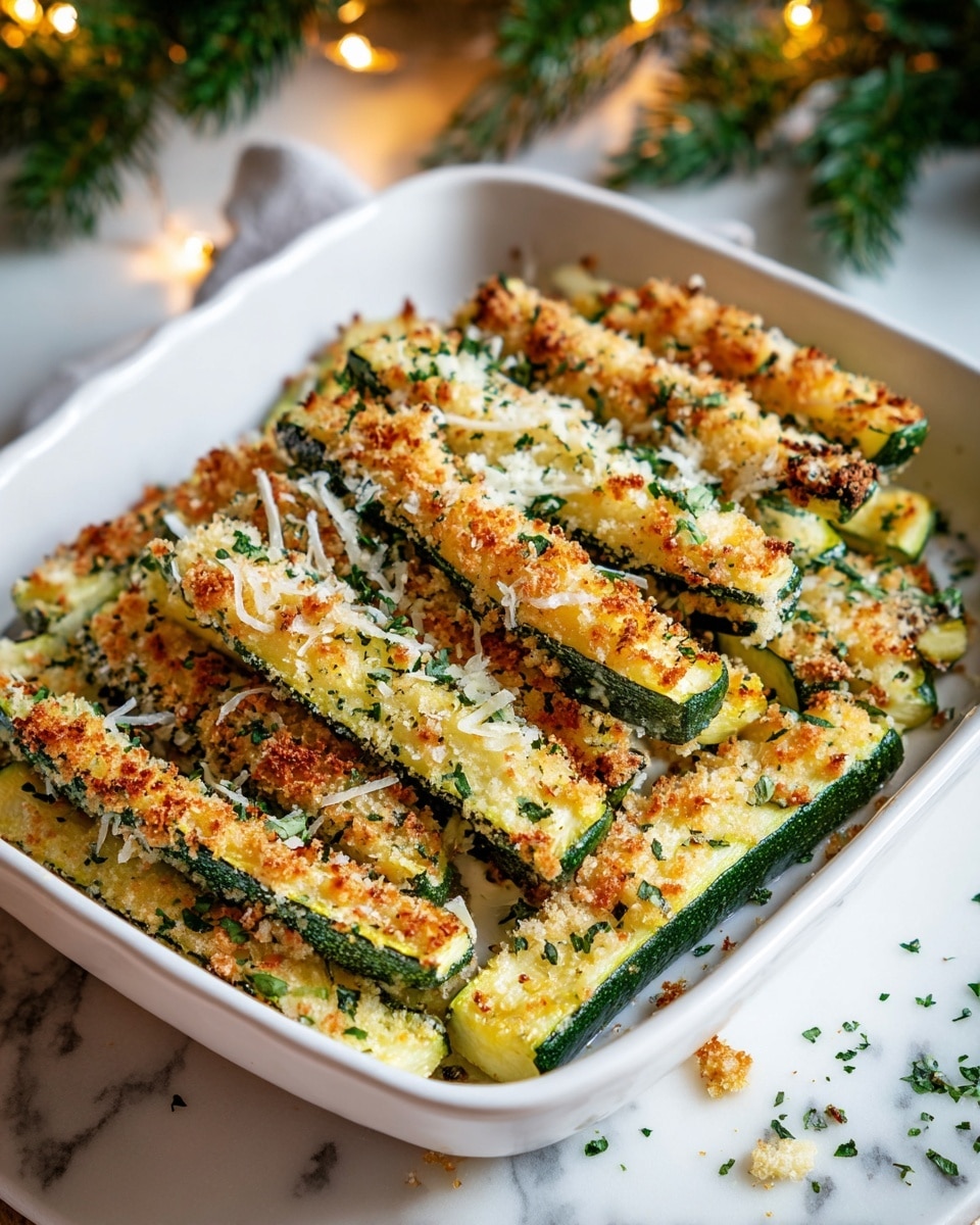 The image shows a white rectangular baking dish filled with a single layer of golden-brown zucchini sticks. Each zucchini piece is coated with a crispy, melted cheese topping and small green parsley flakes scattered on top and around the baking dish. The zucchini has a lightly browned, crunchy texture from baking with a green, fresh zucchini skin visible along the sides. The dish is placed on a white marbled surface with blurred green pine branches and warm fairy lights in the background. Photo taken with an iphone --ar 4:5 --v 7