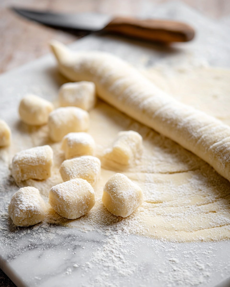 Small, light beige gnocchi pieces lay scattered on a white marbled board dusted with a fine layer of yellowish flour. Each gnocchi is cylindrical with grooves running lengthwise, showing a soft, doughy texture. The board sits on a rustic wooden surface slightly visible at the edges, giving a warm, homemade feel to the scene. photo taken with an iphone --ar 4:5 --v 7