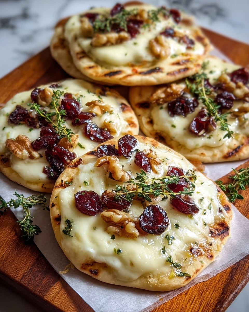 The image shows four small round flatbreads with a light golden-brown crust at the bottom. On top of each flatbread is a thick layer of melted white cheese with a smooth and glossy texture. Scattered over the cheese are deep red dried cranberries and crunchy light brown walnut pieces. Each flatbread is also decorated with small sprigs of green herbs, likely thyme, adding a fresh contrast. The flatbreads rest on white parchment paper placed on a wooden board, with a soft, warm light enhancing the rich colors and textures. Photo taken with an iphone --ar 4:5 --v 7