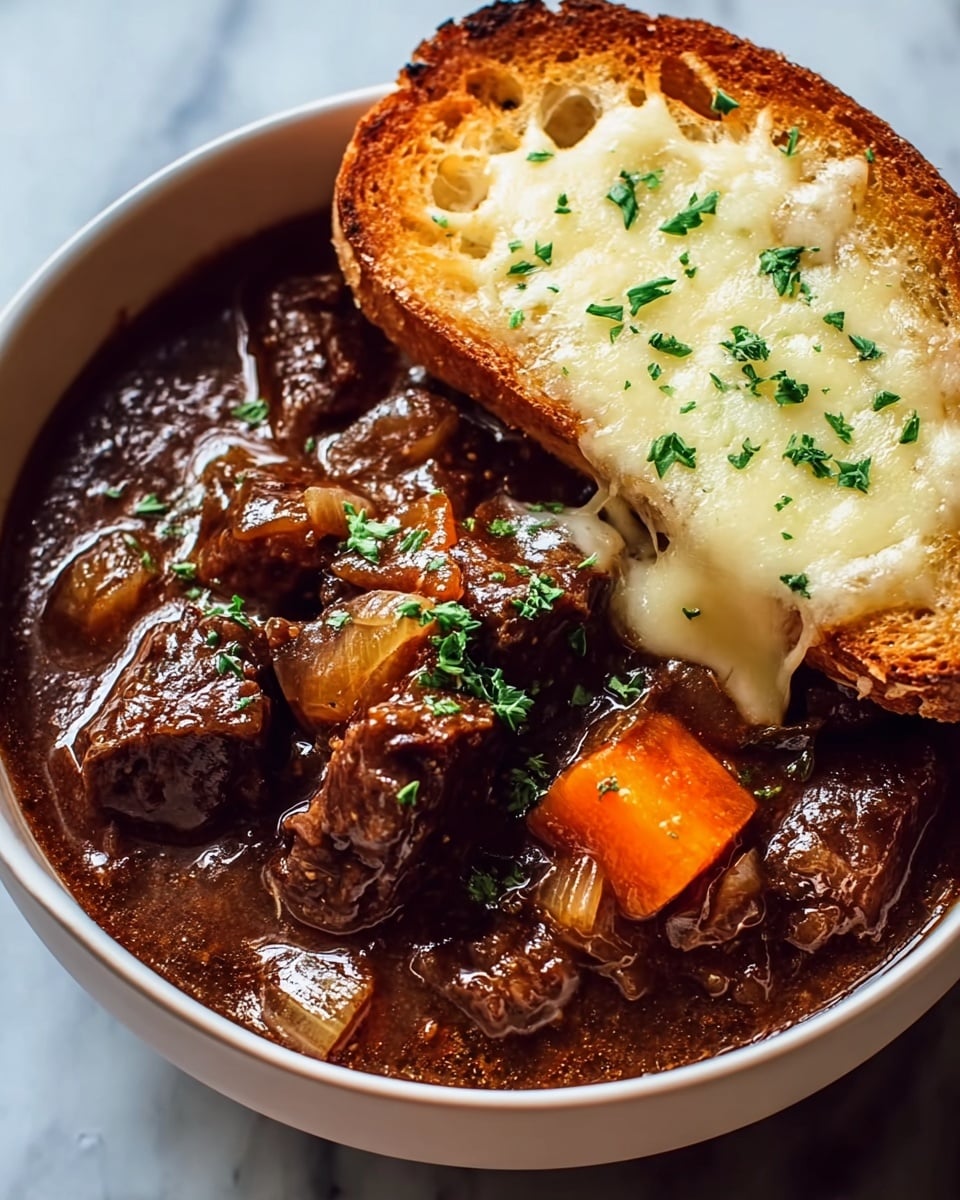A close-up view of a dark pot filled with a rich stew, showing several layers and ingredients. The bottom layer is a bubbling brown broth with small bits of softened onions, and there are chunks of tender, browned meat scattered throughout. On top of this, there are long whole orange carrots, round orange carrot slices, and whole small onions adding bright color. Two large green bay leaves and two dark brown star anise pieces rest on the surface, giving a textured and aromatic look. A small bunch of green thyme sprigs lies near the carrots, all sitting inside the heat with wisps of steam rising. The photo is taken against a white marbled texture. Photo taken with an iphone --ar 4:5 --v 7