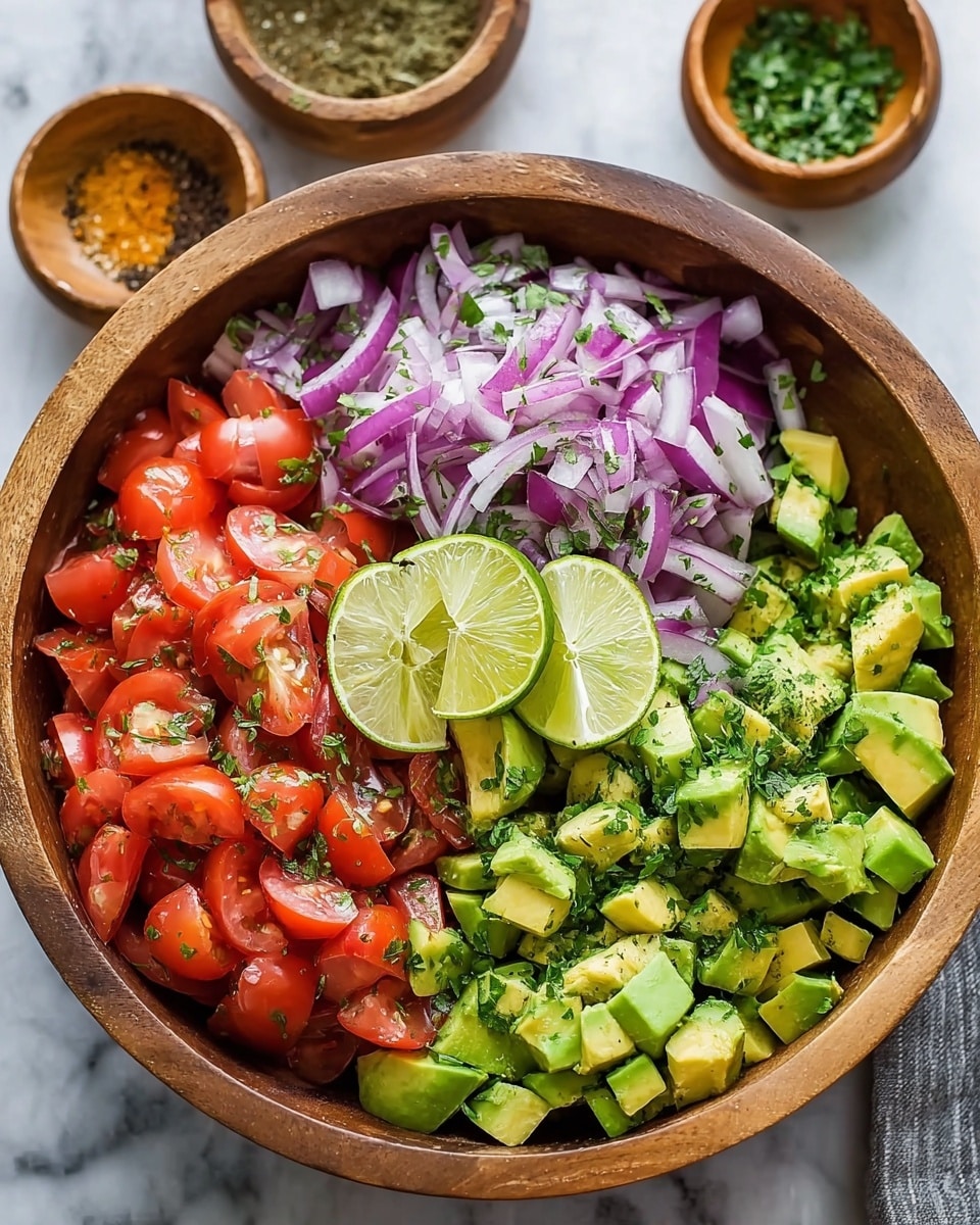A wooden bowl filled with a fresh salad showing three main layers: large chunks of green avocado with a soft texture at the bottom, next are bright red tomato wedges with a juicy look scattered evenly, and thin, curved slices of purple-red onion spread on top. Mixed throughout are small bits of green herbs and red chili flakes adding specks of color, and two lime wedges sit inside the bowl on one side. A wooden spoon is partially visible inside the bowl, placed near the lime wedges. The bowl is set on a white marbled surface with lime halves slightly visible around it. Photo taken with an iphone --ar 4:5 --v 7