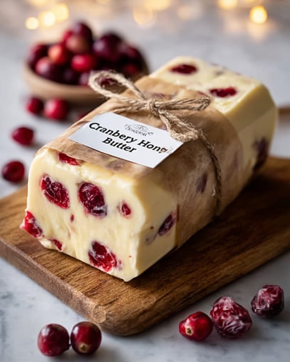The image shows a block of white cheese mixed with small, dark red cranberries, its texture slightly crumbly with some cracks. In front of the block, there are two slices lying flat, revealing the creamy, pale yellow inside with scattered whole cranberries creating red spots. Behind the cheese, a small white bowl filled with fresh, shiny red cranberries sits on a white marbled surface, adding a bright contrast. The overall color palette is soft cream with bright red dots, set against a clean and simple background. Photo taken with an iphone --ar 4:5 --v 7
