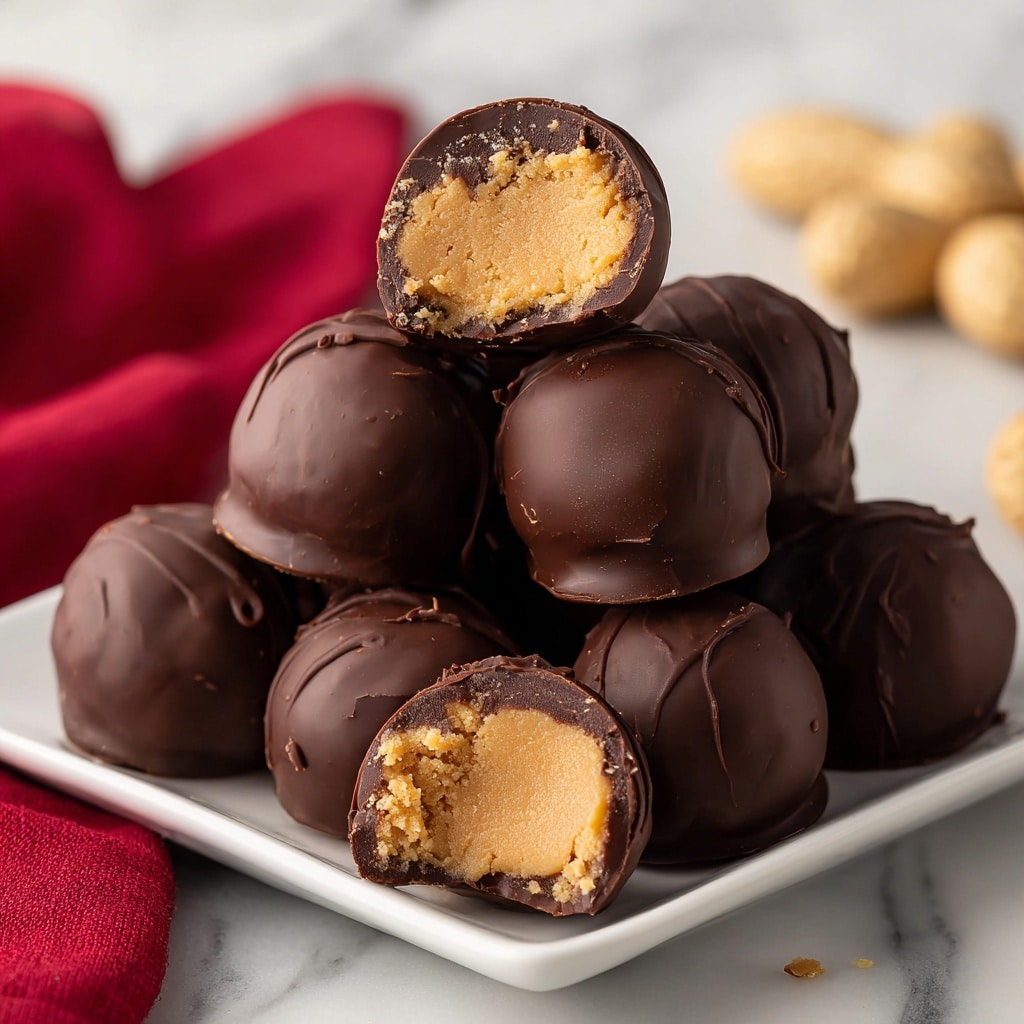 The image shows a round chocolate ball cut in half, revealing a light beige, creamy, and slightly textured peanut butter filling inside. The outer layer is a smooth, dark chocolate shell. In the background, there is a white cake stand holding more whole chocolate balls, all with the same dark chocolate coating. Next to the cut chocolate ball, on a shiny surface, there is a spoon with a dollop of creamy peanut butter on top, and under the spoon, a red cloth is partially visible. The setting is on a smooth white marbled texture. photo taken with an iphone --ar 4:5 --v 7