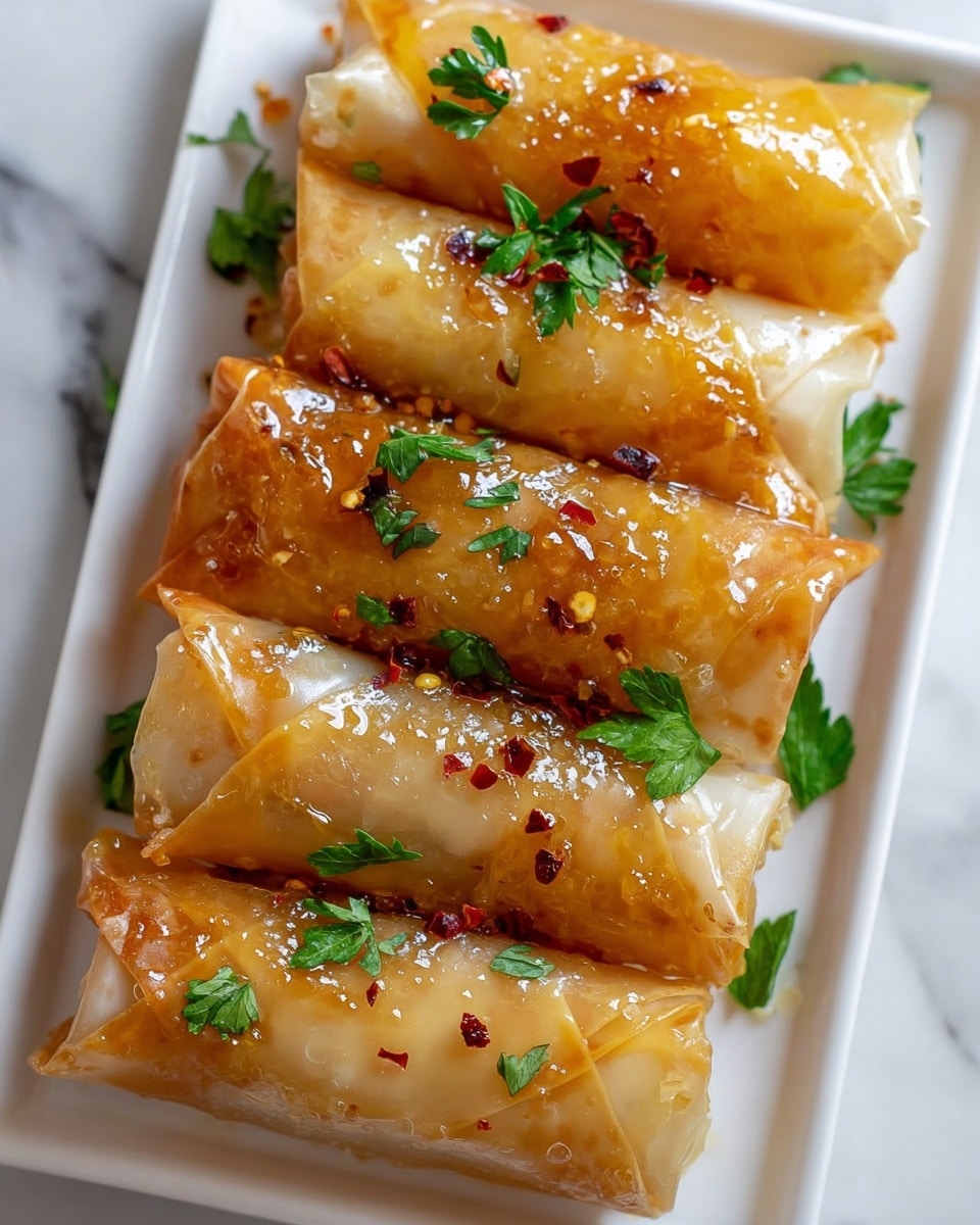 The image shows four golden brown rolls placed in a row on a white rectangular plate, each roll wrapped in thin crispy layers with a shiny glaze on top. The glaze is unevenly spread, giving a sticky, glossy look with some small red chili flakes sprinkled over each roll. Fresh green parsley leaves are scattered on and around the rolls, adding a fresh touch of color. The plate rests on a white marbled surface, creating a clean and bright background. Photo taken with an iphone --ar 4:5 --v 7