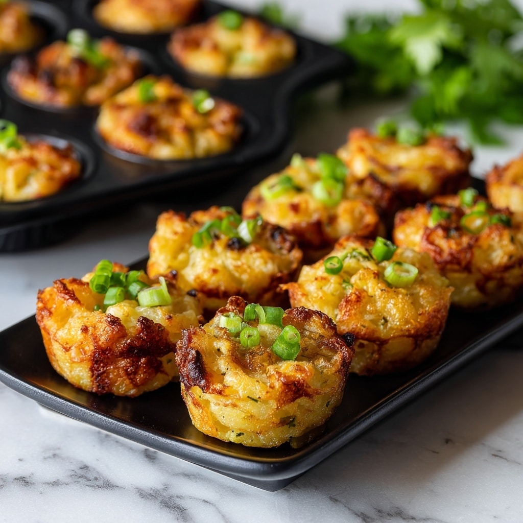 A black rectangular plate holds several golden-brown, crispy mini potato bites arranged close together in rows, each topped with small pieces of bright green chopped scallions. The potato bites have a rough, textured surface with areas showing a mix of light yellow and darker toasted brown spots, giving a crunchy look. In the background, there is a black muffin tray with more similar potato bites, slightly out of focus, placed on a white marbled texture. Some green leafy herbs appear blurred in the top right corner of the image. Photo taken with an iphone --ar 4:5 --v 7