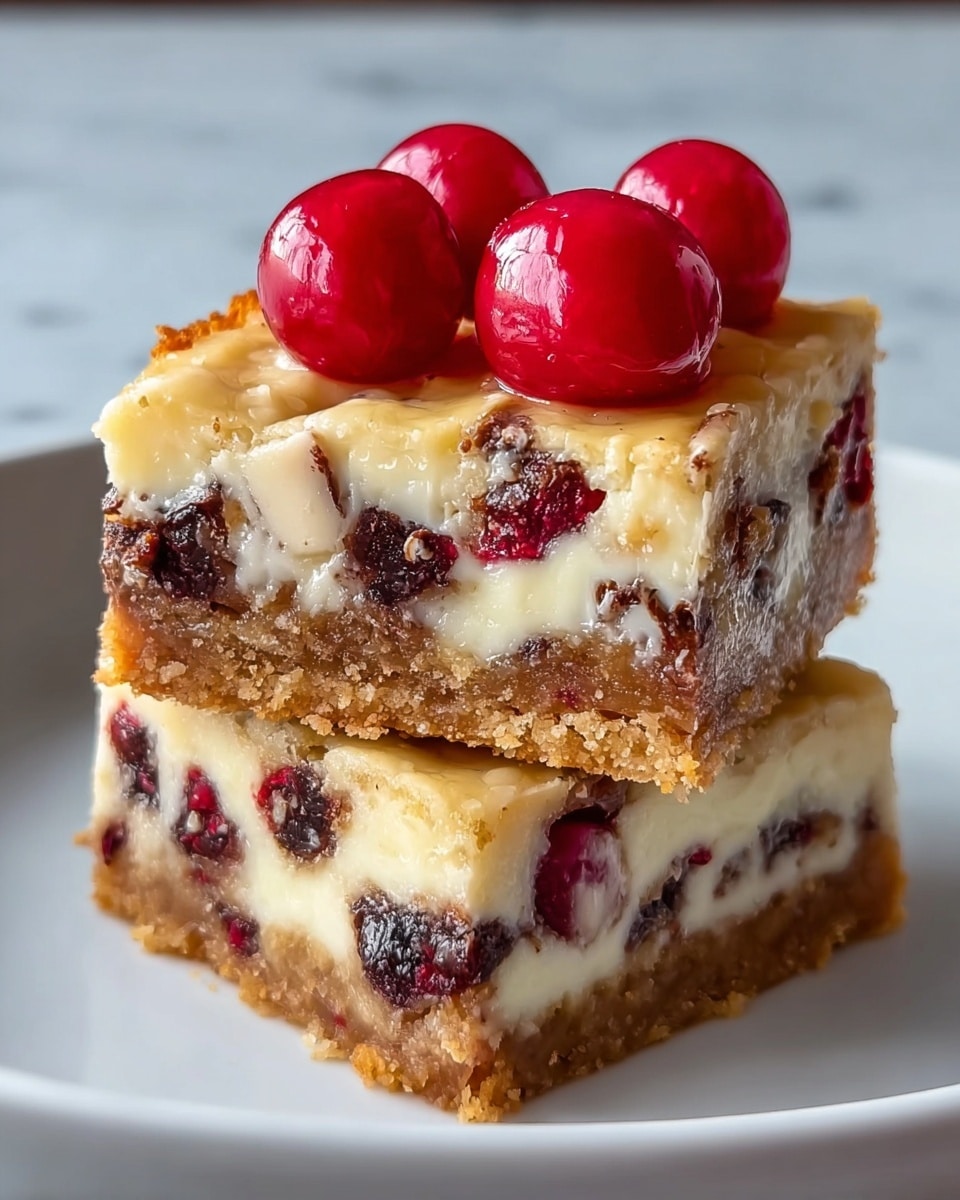 Two stacked dessert bars sit on a white plate over a white marbled surface. Each bar has three layers: the bottom layer is a golden brown, crumbly base with small bits of dark red fruit mixed in; the middle layer is creamy white with chocolate chunks and red fruit scattered throughout; the top layer is a glossy caramel-like glaze topped with bright red whole cherries. The bars have a rich and moist texture with a glossy finish on top. Photo taken with an iphone --ar 4:5 --v 7