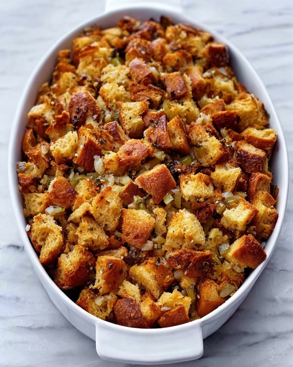 A generous pile of golden brown stuffing sits on a white plate, showing a mix of toasted bread pieces and soft, crumbly interior. The top layer is browned, crispy bread chunks with a rough texture, while beneath are softer pieces with a mix of light beige and creamy hues dotted with green herbs and small bits of celery. The edges of the stuffing show some crunchiness with darker golden tones. A silver fork is visible resting on the plate, and the scene is set against a background with a white marbled texture and a corner of green cloth. photo taken with an iphone --ar 4:5 --v 7