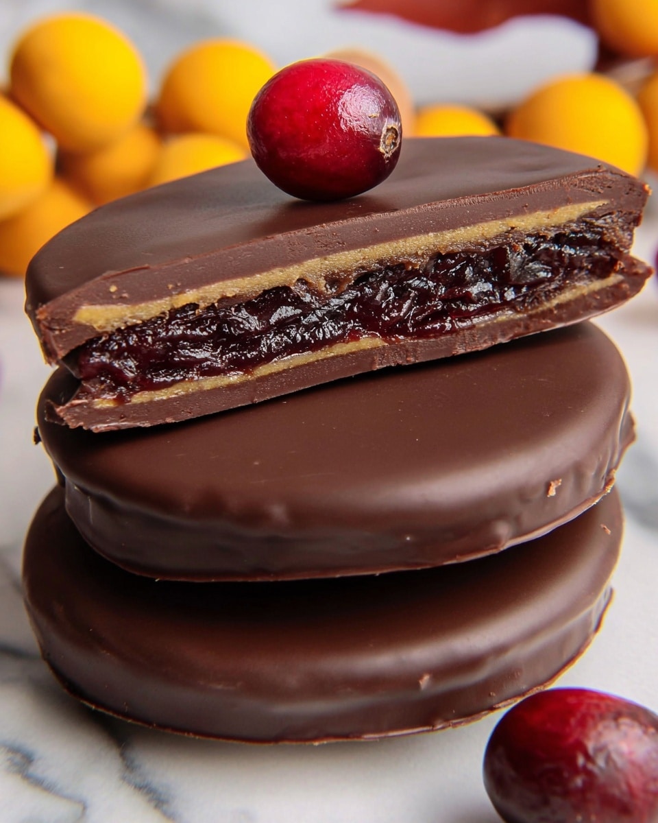 A close-up image of a round chocolate treat showing two layers: the outer layer is smooth milk chocolate in a light brown color, thick and glossy, covering the entire piece, and the inner layer is a dense, dark chocolate filling that looks rich and almost jelly-like. The treat is cut in half, with the two halves stacked on top of each other on a chocolate-colored surface with a crisscross pattern, which contrasts with the creamy texture of the filling. On top sits a single red cherry adding a pop of color. The background features blurry yellow and orange pumpkin shapes on a white marbled texture. Photo taken with an iphone --ar 4:5 --v 7