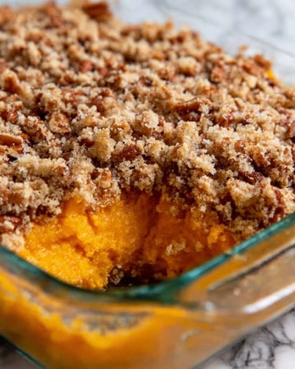 This image shows a close-up of a sweet potato casserole in a glass baking dish. The dish has two main layers: the bottom layer is a smooth, bright orange mashed sweet potato base with a slightly moist texture, and the top layer is a crumbly, golden-brown pecan streusel with visible chunks of toasted pecans embedded in the sugary crumble. The surface beneath the dish is a white marbled texture. Photo taken with an iphone --ar 4:5 --v 7