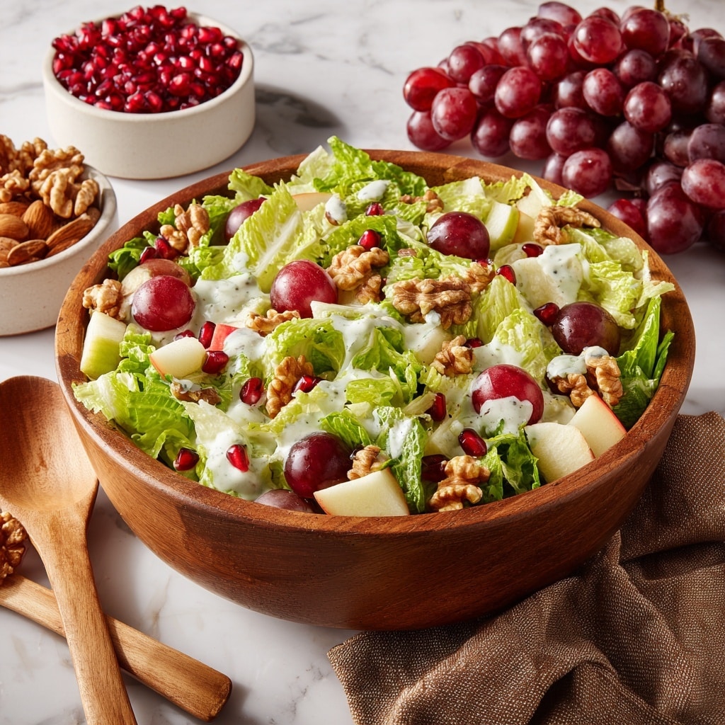 A large wooden bowl filled with a fresh salad on a white marbled surface, layered with bright green chopped romaine lettuce as the base, topped with sliced red grapes, small cubes of light green apple, crunchy walnuts scattered throughout, and bright red pomegranate seeds adding spots of color. A light green creamy dressing is drizzled over the top, giving a glossy texture. Around the bowl are small white dishes filled with red pomegranate seeds and mixed nuts, along with bunches of red grapes and wooden salad utensils placed nearby on a brown textured cloth. Photo taken with an iphone --ar 4:5 --v 7