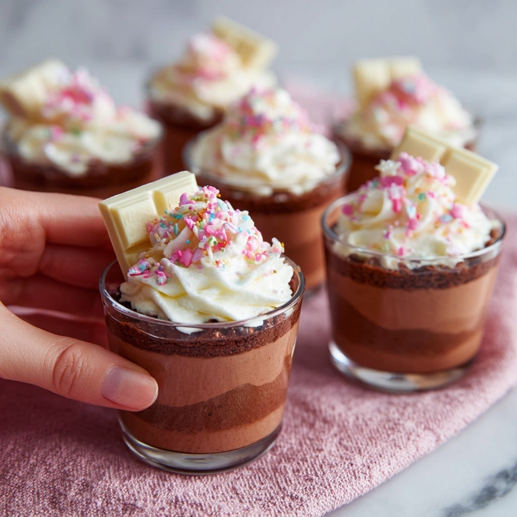 The image shows several small clear cups filled with a two-layer dessert: the bottom layer is smooth, dark brown chocolate mousse, and the top layer is a thick swirl of white whipped cream. Each cup is garnished with a square piece of white chocolate with small colorful bits inside and sprinkled with pink sugar crystals on the whipped cream. The cups are placed closely together on a white cloth with red patterns, on a wooden table with a white marbled texture in the background. Blurred white ceramic Christmas trees and glowing lights can be seen far behind the cups, creating a festive holiday mood. Photo taken with an iphone --ar 4:5 --v 7