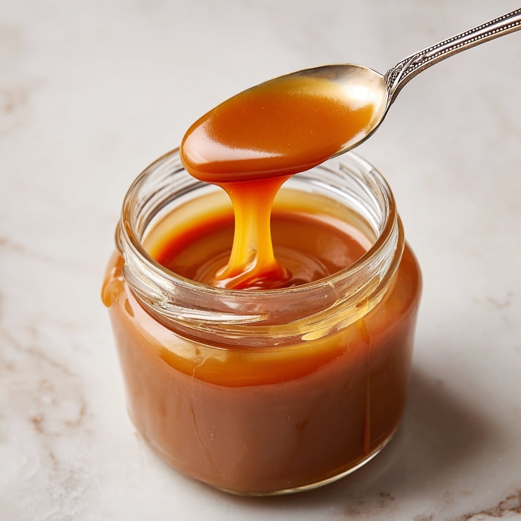 A small glass jar filled with thick, glossy caramel sauce of rich golden brown color, nearly full with caramel smooth at the top. A silver spoon with detailed handle is held just above the jar, dripping a string of caramel sauce back into it, creating a small peak on the caramel surface. The jar sits on a white marbled texture that is soft and subtle in the background, emphasizing the rich color and texture of the caramel. Photo taken with an iphone --ar 4:5 --v 7