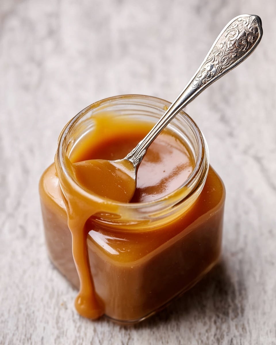 A small clear glass jar filled with smooth, thick caramel sauce that is golden brown in color, showing a glossy texture inside the jar. A detailed silver spoon is dipped into the caramel in the jar, with some sauce clinging to the spoon and the inside rim. The jar sits on a white marbled textured surface. photo taken with an iphone --ar 4:5 --v 7