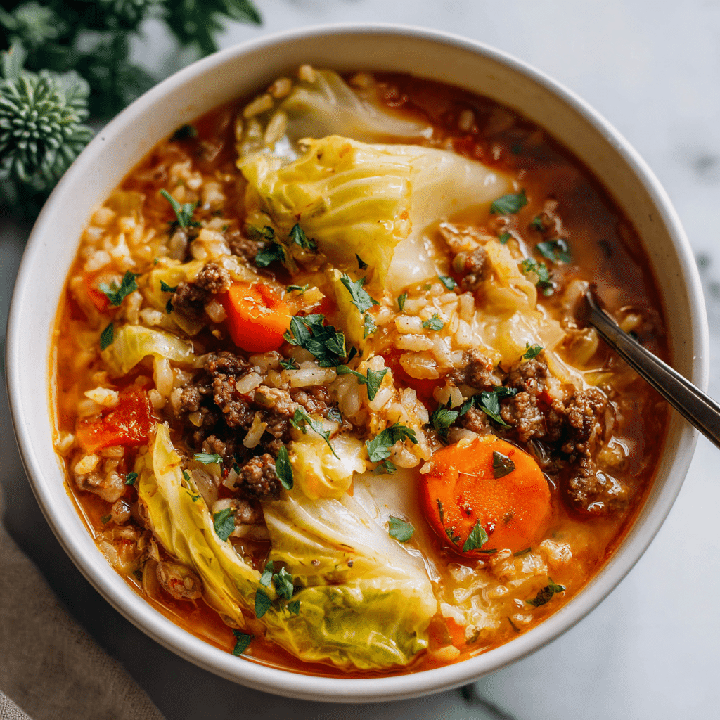 A white bowl filled with a thick soup showing several layers of ingredients: on top, chunks of light beige cabbage with soft, wrinkled textures; scattered pieces of brown cooked ground meat; bright orange carrot slices; visible grains of white rice mixed in throughout the soup; all mixed in a rich, reddish-orange broth with a slightly oily surface, garnished lightly with small green herb pieces. The background has a white marbled texture. photo taken with an iphone --ar 4:5 --v 7