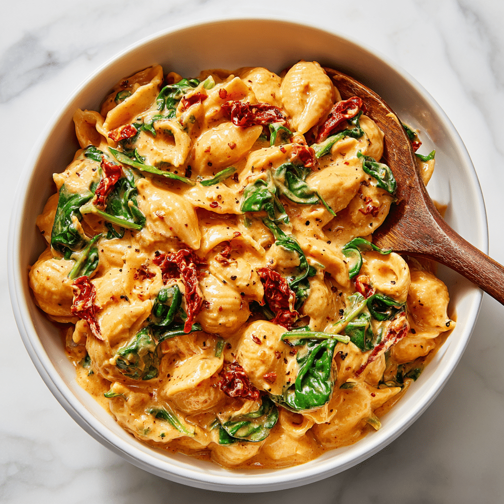 A white bowl filled with creamy cheesy pasta showing three visible layers: the bottom layer of soft, white orzo pasta, a rich thick orange-colored cheese sauce covering the pasta with a smooth texture, and green spinach leaves scattered on top with bits of red tomato pieces. A wooden spoon is stirring the pasta, partially lifting the creamy mixture to show its soft and cheesy texture. The bowl sits on a white marbled surface. Photo taken with an iphone --ar 4:5 --v 7