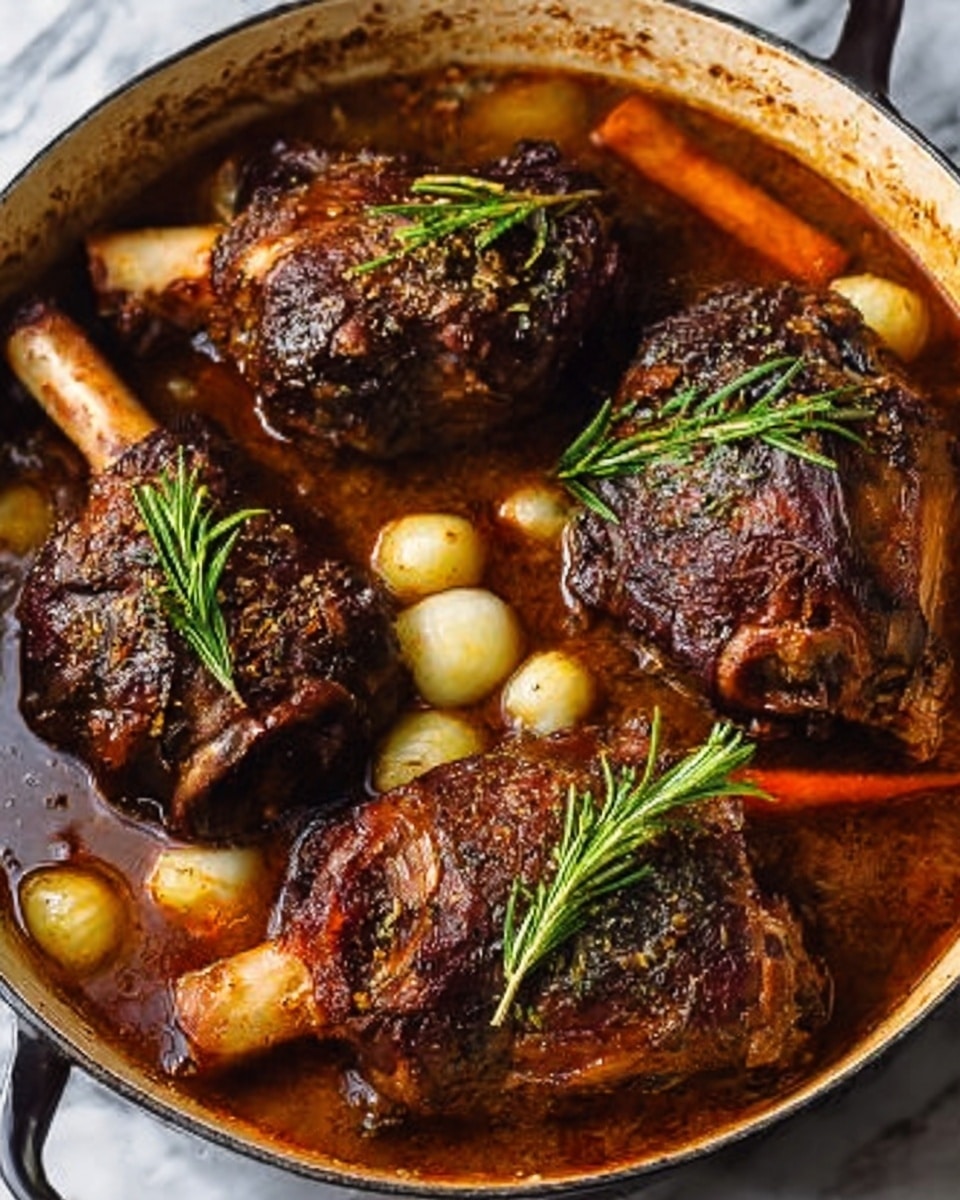 Three large, dark brown roasted lamb shanks with visible charred edges sit in a deep pool of rich brown sauce in a round white dish. Small cooked carrots, yellow potatoes, and fresh green rosemary sprigs are scattered around and between the meat pieces, adding touches of orange, yellow, and green to the dish. The sauce has a glossy texture, partially covering the vegetables and meat, creating a cozy and hearty look. photo taken with an iphone --ar 4:5 --v 7