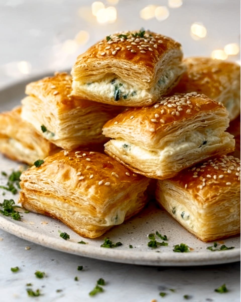 The image shows a close-up of several golden puff pastry squares stacked on a white plate. Each square has many flaky layers with a shiny, crisp top sprinkled with sesame seeds. The filling peeks out slightly from some squares, showing a creamy white color with small green herbs. The plate sits on a white marbled surface, and there are tiny green herb pieces scattered around the pastries for decoration. Photo taken with an iphone --ar 4:5 --v 7