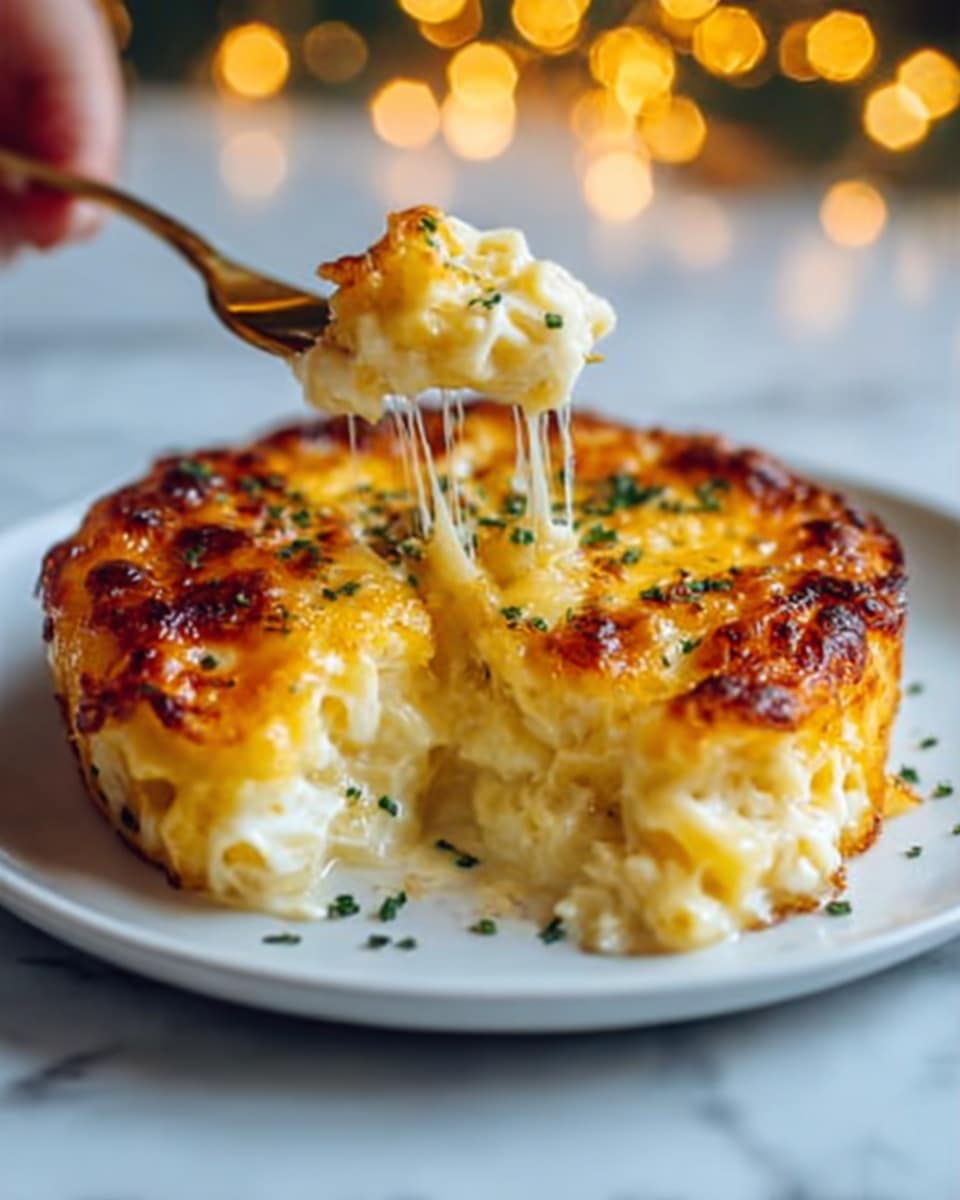 A round, thick serving of baked mac and cheese sits on a white plate with a creamy inside visible where a fork has cut into it. The top layer is golden brown with melted cheese that looks slightly crispy, sprinkled with small pieces of green herbs. The fork, held by a woman's hand, pulls a stringy bite from the dish, showing a soft, creamy texture beneath the browned top. The background is a softly lit white marbled surface with warm, blurry lights. Photo taken with an iphone --ar 4:5 --v 7