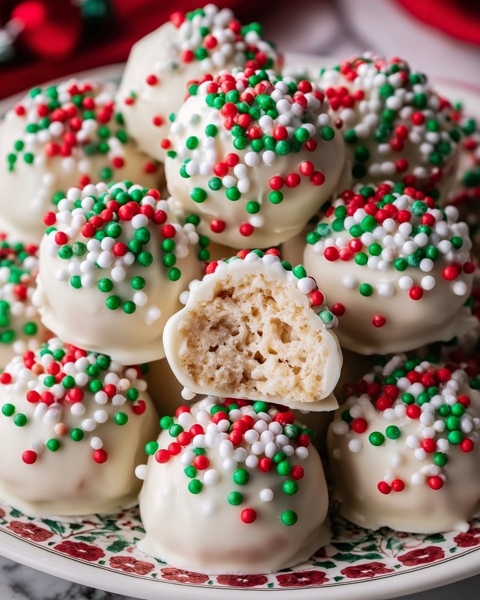 A white bowl with red decoration holds a pile of round treats covered in smooth white coating, topped with small red, green, and white round sprinkles. The inside of one treat shows a light, crispy rice cereal layer beneath the coating. The bowl sits on a white marbled surface, with blurry wooden reindeer figures and green miniature trees in the background, giving a festive feel. photo taken with an iphone --ar 4:5 --v 7