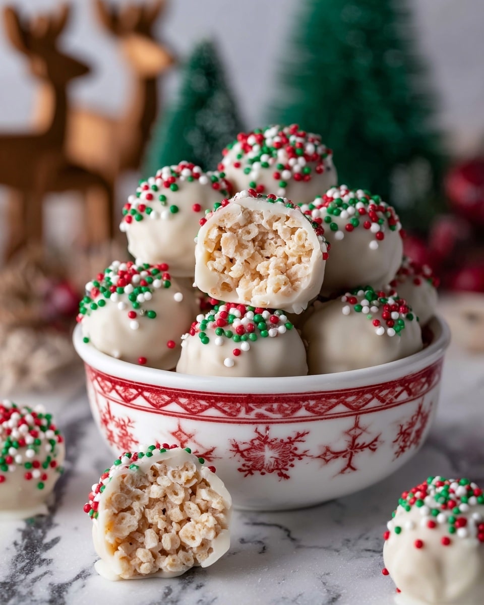 The image shows many round treats covered in smooth white chocolate, each topped with small red, green, and white round sprinkles mostly gathered on the top half. One treat is broken in half, revealing an inner layer that looks like a light, crunchy rice cereal mixture. All the treats rest together on a white plate with festive red and green patterns along the edge, placed on a white marbled surface. The overall look is festive and colorful, with the contrast of bright sprinkles against the white chocolate coating. photo taken with an iphone --ar 4:5 --v 7