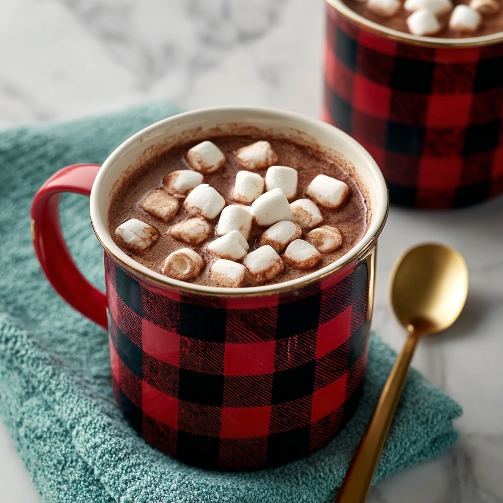 A red and black checkered mug filled with smooth brown hot chocolate topped with many small white marshmallows. The mug sits on a white marbled surface with a teal cloth and a gold spoon nearby. Another mug of the same style is partly seen in the background. Photo taken with an iphone --ar 4:5 --v 7