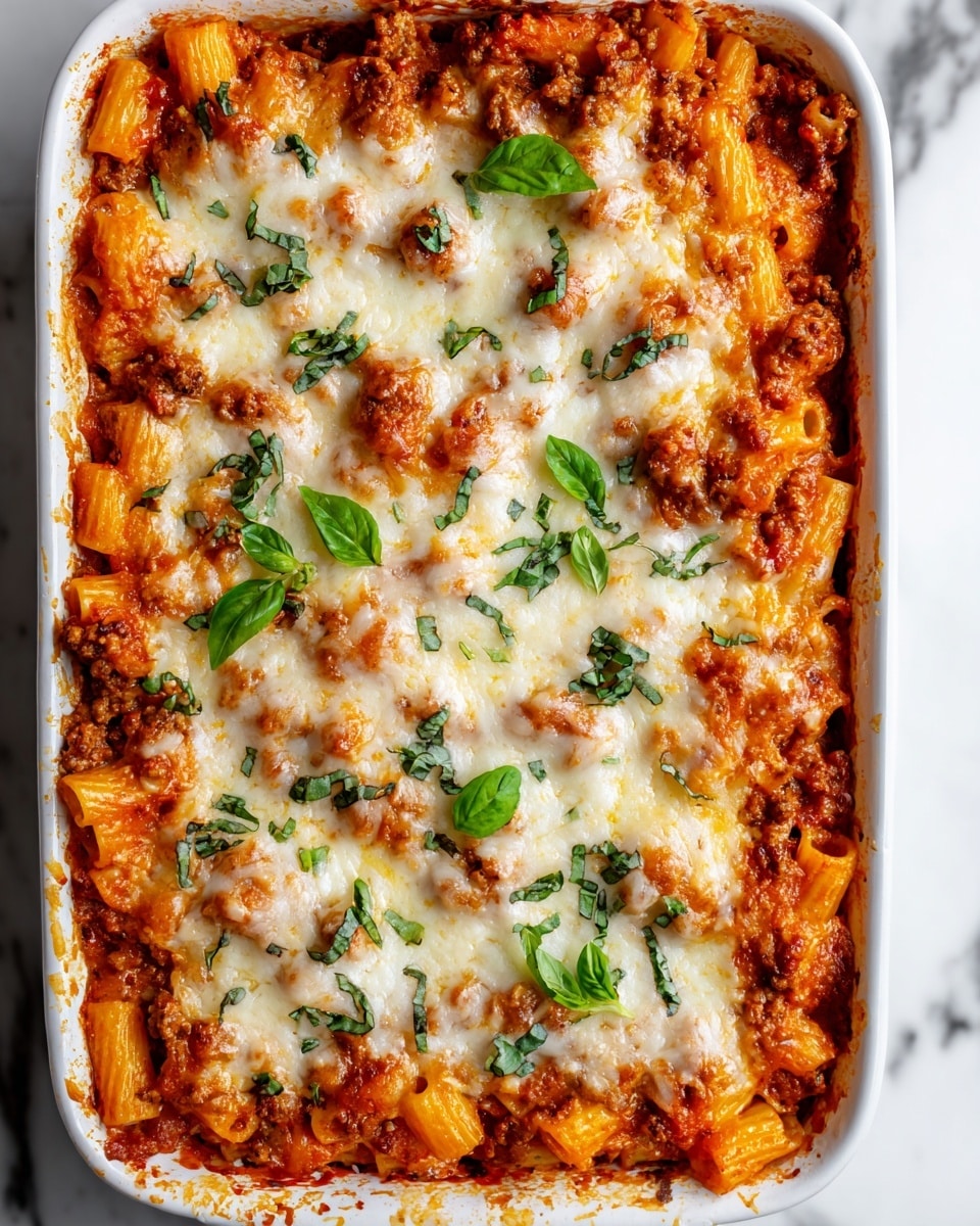 The image shows a white rectangular baking dish filled with baked pasta. The bottom layer is rigatoni pasta mixed with rich red meat sauce, with visible ground meat and tomato sauce. On top, there is a layer of melted cheese that is creamy white with some lightly browned spots. Fresh green basil leaves are scattered on the cheese, adding vibrant color, along with a light sprinkling of grated cheese. The dish rests on a white marbled surface. photo taken with an iphone --ar 4:5 --v 7
