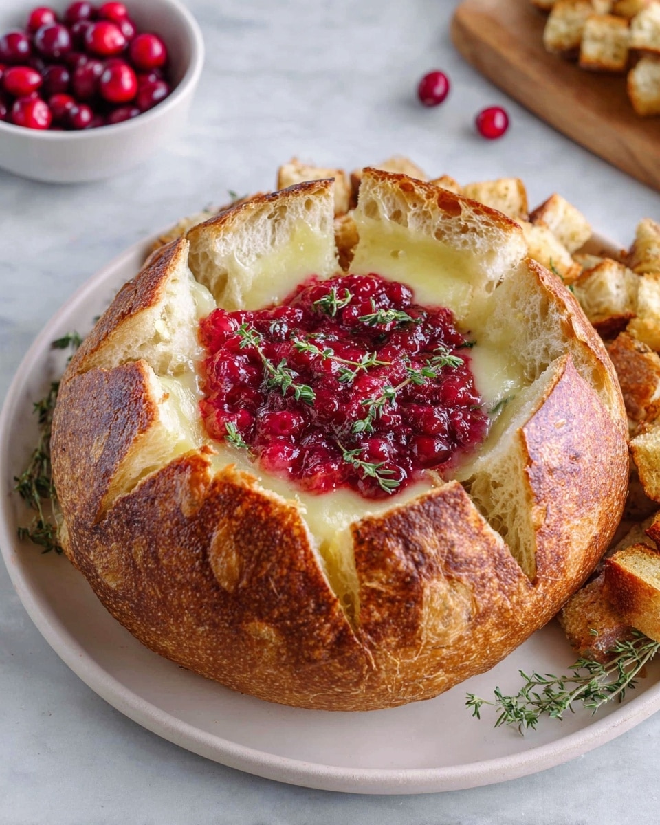 A round loaf of golden brown bread with a crusty texture is sliced vertically around the edges, creating thick segments that pull outward from the center. The center of the loaf holds a layer of melted creamy cheese in pale yellow that is oozing slightly over the edges. On top of the cheese is a bright red chunky cranberry sauce sprinkled with small green herb leaves. The loaf is placed on a white plate with a beige edge, sitting on a white marbled surface. In the background, a white bowl filled with fresh red cranberries and some green herb sprigs add detail. A piece of the bread has been pulled away from the loaf. Photo taken with an iphone --ar 4:5 --v 7