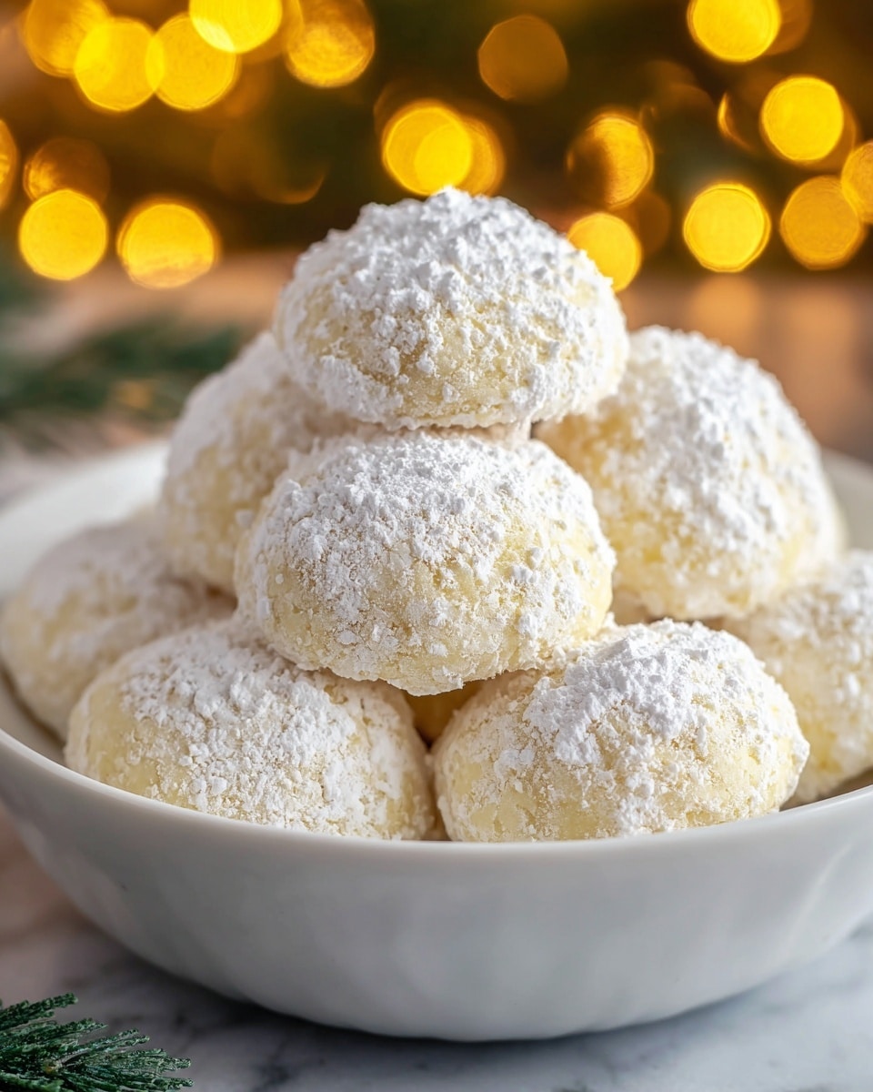 A close-up view of seven round yellow cookies arranged in a loose circle on a wooden round board with bark edges; each cookie's surface is cracked and covered with a dusting of white powdered sugar, giving a light snowy look. The cookies have a soft, spongy texture with some visible grainy details. In the background, blurred red berries, green spruce branches, and a brown pinecone create a warm festive atmosphere, all placed on a white marbled texture. The lighting is soft and natural, emphasizing the shadows and highlights on the cookies and the wooden board. Photo taken with an iphone --ar 4:5 --v 7