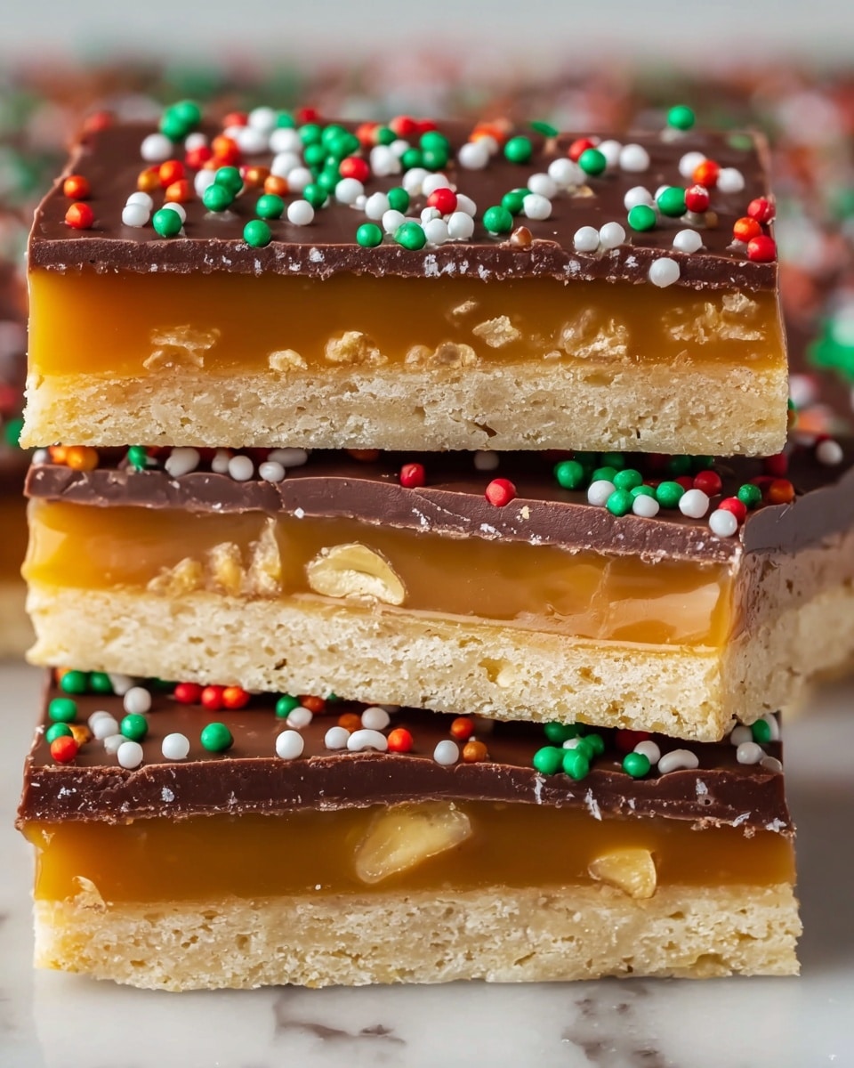 The image shows three stacked layered bars with a clear side view. Each bar has three layers: a bottom layer of light, flaky cracker with a grainy texture, a thick middle layer of smooth, golden caramel with small nuts inside, and a top layer of dark brown chocolate that coats the bar and is decorated with small, colorful round sprinkles in red, green, white, and orange scattered evenly across the surface. The bars are placed on a white marbled texture. Photo taken with an iphone --ar 4:5 --v 7
