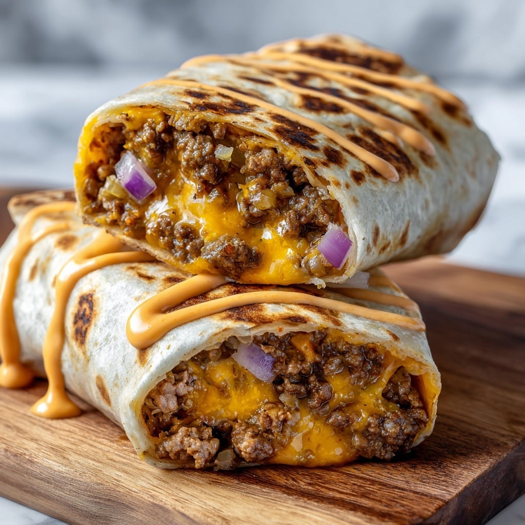 The image shows a close-up of a thick burrito cut in half on a wooden board, revealing three layers inside: a golden-brown grilled tortilla with dark char marks on the outer layer, a middle layer of juicy, browned ground beef mixed with melted yellow-orange cheese, and an inner layer with creamy orange sauce and small pieces of diced red onion adding a pop of purple color. In the blurred background, there is a white bowl of golden brown fries and a white textured bowl with sauce resting on a white marbled surface. photo taken with an iphone --ar 4:5 --v 7