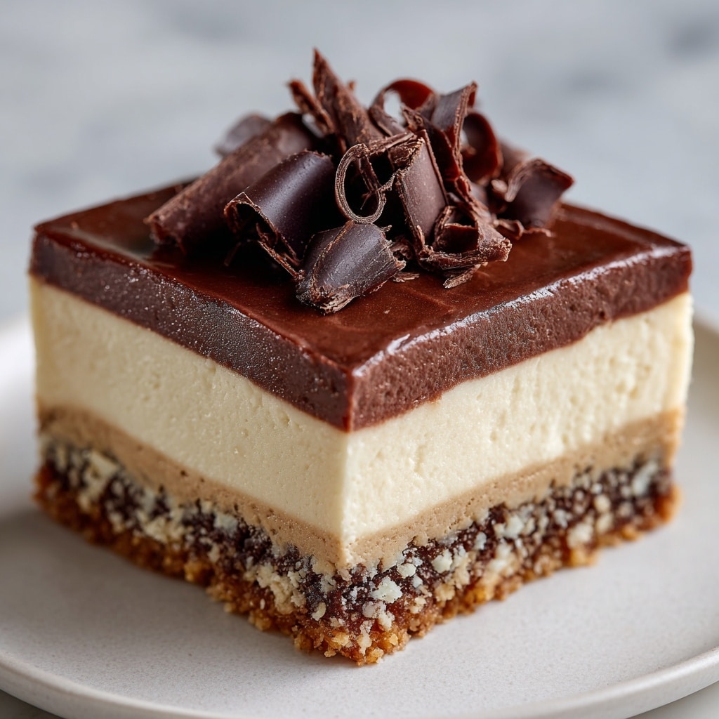 The image shows a close-up of a chocolate dessert square with four distinct layers. The bottom layer is crumbly and textured with a mix of dark brown and tan colors. Above this is a thick, smooth cream layer in a light beige color. The third layer is a glossy, rich chocolate topping with a smooth finish. On top, there are several dark chocolate curls arranged in a loose pile, adding a decorative touch. The dessert sits on a white plate with a soft white marbled surface in the background. Photo taken with an iphone --ar 4:5 --v 7