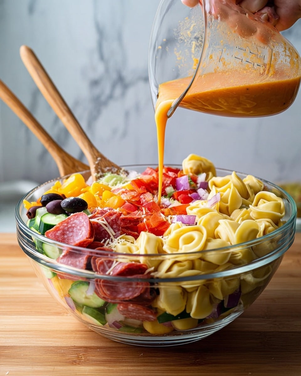 The image shows a clear glass bowl filled with a colorful tortellini salad on a white marbled surface, with wooden spoons inside. The salad has multiple layers and ingredients: the base layer features folded pale yellow tortellini pasta with a soft, smooth texture, interspersed with slices of reddish-pink pepperoni that have a slightly oily look. There are also small cubes of orange-yellow cheddar cheese scattered throughout, adding a solid, blocky texture. Thin slices of black olives add dark circular accents, while bits of finely chopped purple onion and green pieces, likely green pepper or celery, are mixed in. A shiny, orange-red oily dressing coats parts of the salad, giving it a glossy, spiced finish. photo taken with an iphone --ar 4:5 --v 7