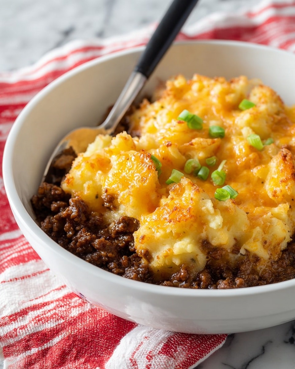 A white bowl filled with two main layers: the bottom layer is dark brown cooked ground meat mixed with diced onions, showing a slightly crumbly texture, while the top layer consists of golden-brown, fluffy mashed potatoes with melted cheese that has a slightly crispy, bubbly surface. Small green onion pieces are scattered on top for color contrast. A black-handled utensil rests inside the bowl, all placed on a white marbled surface with a red and white striped cloth underneath. photo taken with an iphone --ar 4:5 --v 7