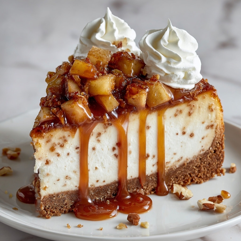 A close-up view of a single slice of creamy, pale yellow cheesecake with small specks of cinnamon or spice inside, sitting on a white plate with a crumbly golden-brown crust at the bottom. On top of the cheesecake is a thick, glossy layer of chunky caramelized apple pieces covered in rich, shiny brown caramel sauce that drips down the sides. A woman's hand holds a fork lifting a piece with some apple topping, showing the soft texture of the cheesecake and the warm, syrupy topping. Some crumbs and drips of caramel sauce spread around the plate on a white marbled surface. photo taken with an iphone --ar 4:5 --v 7