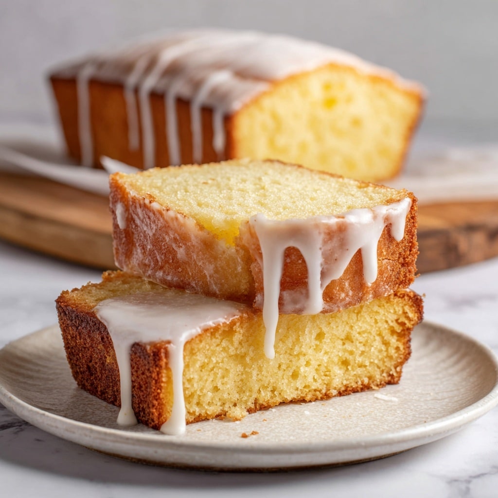 Two slices of pale yellow lemon cake with a thick, slightly shiny white glaze covering the top and thickly dripping down the sides are stacked on a white plate with subtle texture. The cake looks soft and crumbly with a light golden-brown crust. In the background, a loaf of the same cake with the glaze dripping down the sides sits on white parchment paper over a wooden board, all placed on a white marbled surface. The image has a bright and soft lighting, emphasizing the moist texture of the cake. Photo taken with an iphone --ar 4:5 --v 7