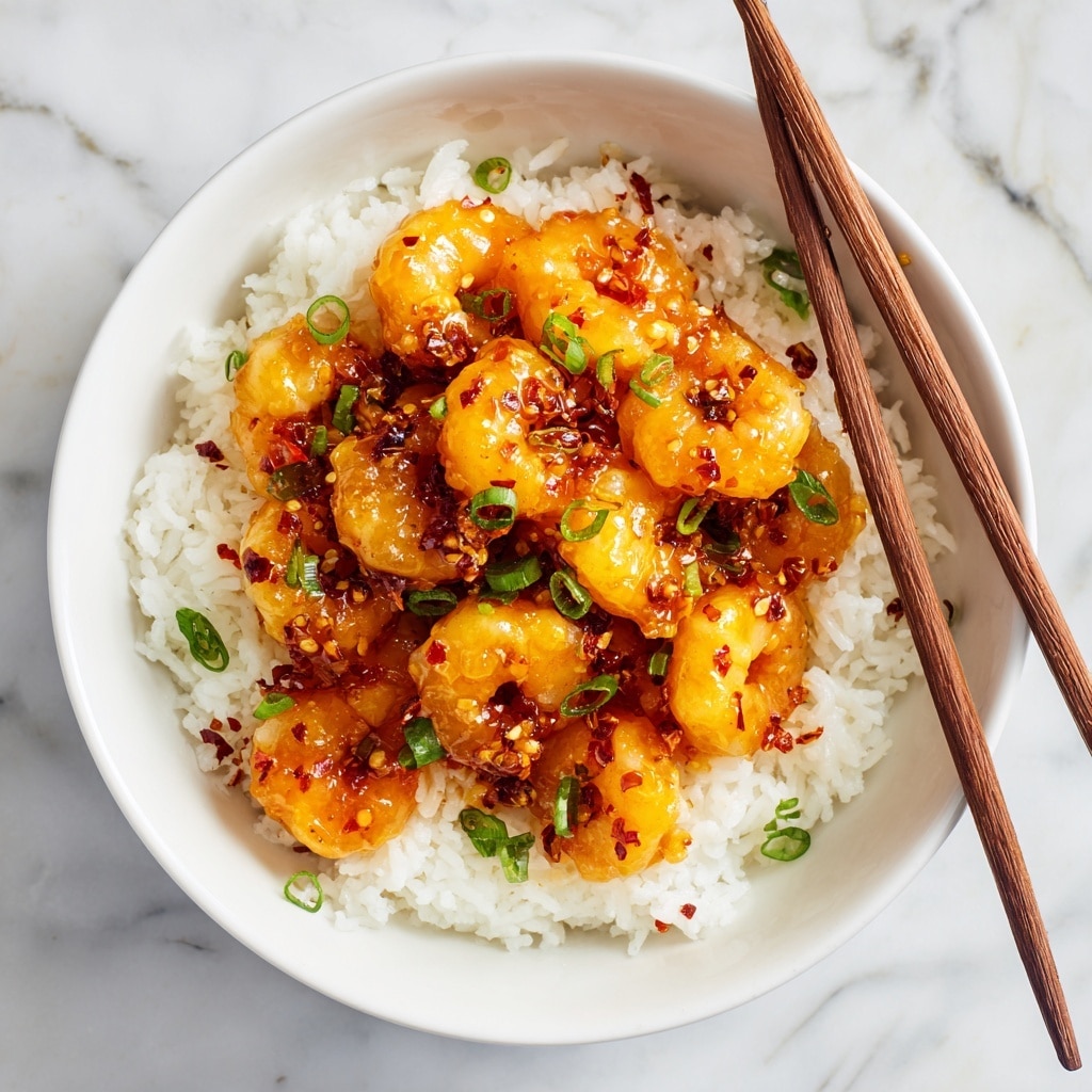 A white bowl filled with two main layers is shown. The bottom layer consists of plain white rice with some green onion pieces mixed in and scattered on top. The top layer is a pile of cooked shrimp coated in a shiny, orange-brown glaze with small bits of red chili flakes and garlic visible. The shrimp are garnished with thin slices of green onion. On the right side of the bowl, a pair of brown wooden chopsticks with a decorative green and white pattern rests on the edge. The bowl is set on a white marbled surface with a beige cloth partially visible in the top left corner and a small green bowl of edamame blurred in the background. photo taken with an iphone --ar 4:5 --v 7