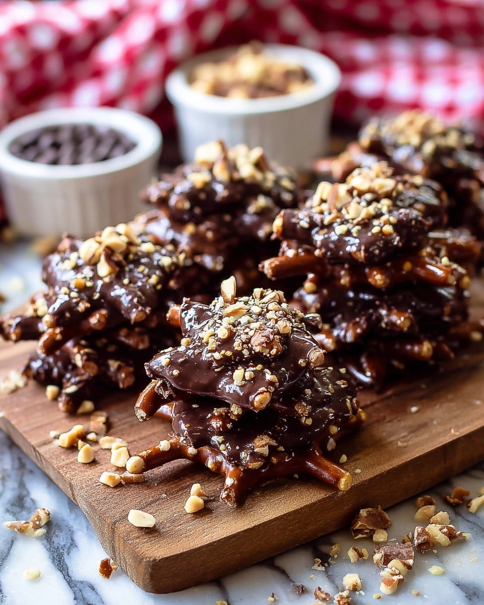 The image shows several clusters of chocolate-covered pretzel sticks stacked on a wooden board, each cluster shaped like a small mound with a shiny, dark brown chocolate coating and sprinkled with small pieces of crushed nuts on top. The pretzel sticks create a rough, uneven texture, and the nut crumbs vary in size and are scattered both on the clusters and the wooden board around them. In the background, out of focus, there are two white bowls, one with small round chocolate pieces and the other with crushed nuts, sitting on a white marbled surface with a red and white checkered cloth partially visible. photo taken with an iphone --ar 4:5 --v 7