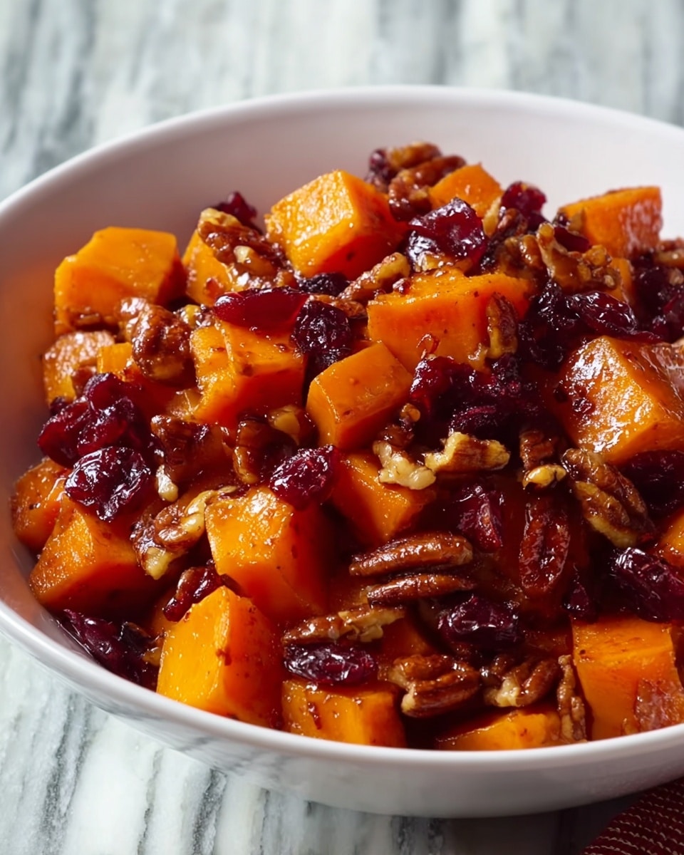 A white bowl is filled with three main layers of cooked ingredients: the bottom layer consists of soft, bright orange butternut squash chunks with a smooth texture; the middle layer contains golden brown pecan halves adding a crunchy texture; and the top layer features dark red dried cranberries scattered on top, giving a chewy contrast. A silver spoon lifts a mix of all three layers, showing the glossy, slightly sticky surface of the squash and cranberries along with the shiny, textured pecans. The background is a soft white marbled texture. Photo taken with an iphone --ar 4:5 --v 7