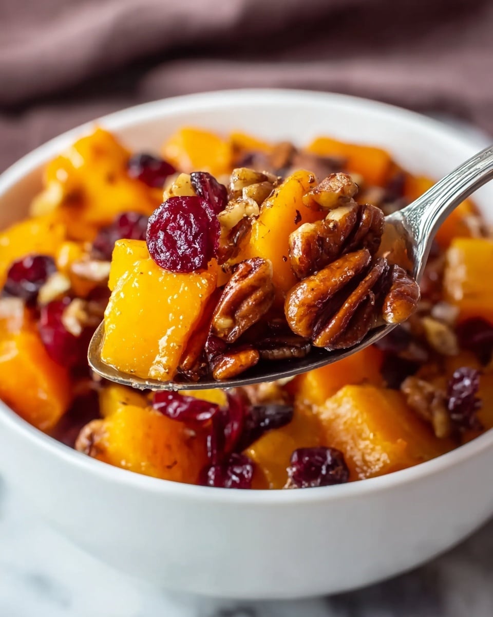 A close-up image shows a bowl filled with a cooked dish made of three main layers mixed together: bright orange cubed sweet potatoes, dark red dried cranberries scattered evenly throughout, and brown toasted pecans adding texture and crunch. The pieces glisten slightly with a light syrup or glaze that gives a shiny, moist look. The bowl is white and sits on a surface with a white marbled texture that is softly blurred in the background, making the warm colors of the dish stand out clearly. photo taken with an iphone --ar 4:5 --v 7