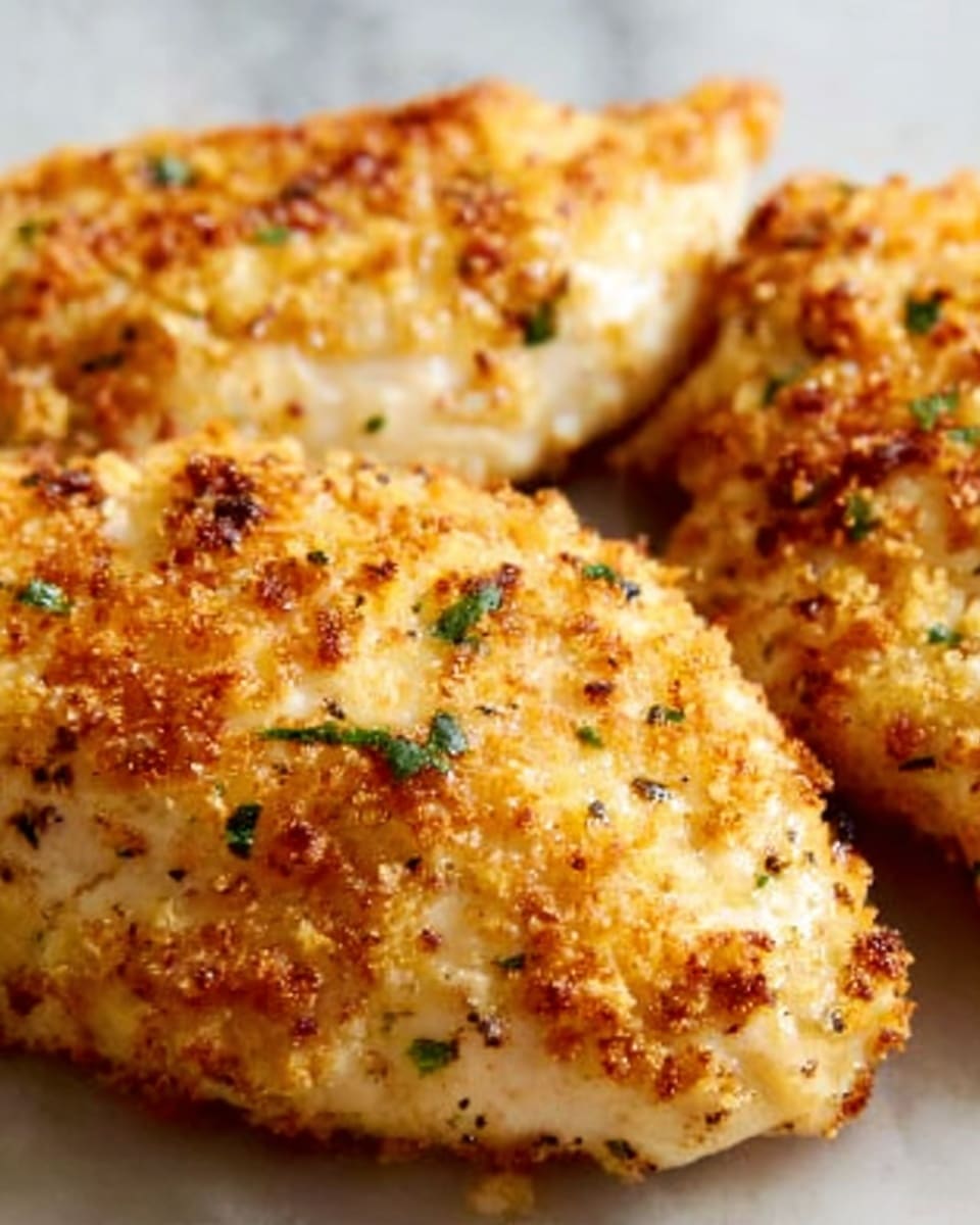 The image shows several browned, crispy chicken breasts closely placed on a baking tray. Each chicken piece has a golden-brown crust with specks of black pepper and herbs, giving a textured and slightly rough surface. Small green herb bits are scattered on the crust, adding color contrast to the light golden and white chicken underneath. The chicken pieces vary in size but are roughly similar, filling the frame with a warm, appetizing look. photo taken with an iphone --ar 4:5 --v 7