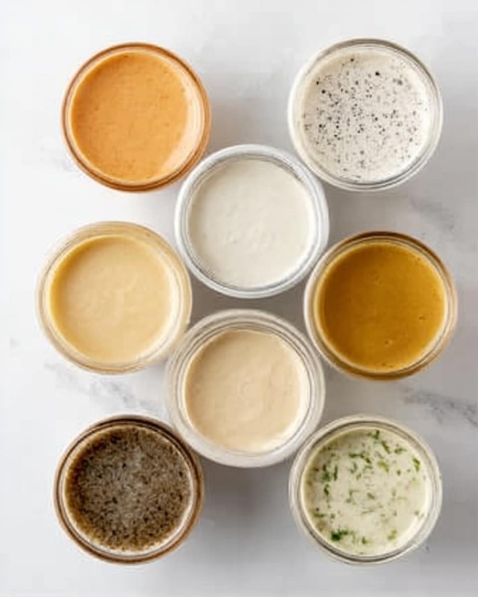 Nine small glass jars are arranged in a neat 3x3 grid on a white marbled texture. Each jar is filled to the top with a different creamy sauce or dressing. The top row shows a speckled black and white sauce, a smooth light beige sauce, and a golden-brown sauce with a slightly grainy texture. The middle row has a white sauce with green herb specks in the left jar, a bright yellow smooth sauce in the center jar, and a light brown creamy sauce with tiny black dots in the right jar. The bottom row features a beige thick sauce on the left, an orange-tan creamy sauce in the middle, and a white sauce with black specks on the right. All jars are open, showing the textures clearly. photo taken with an iphone --ar 4:5 --v 7