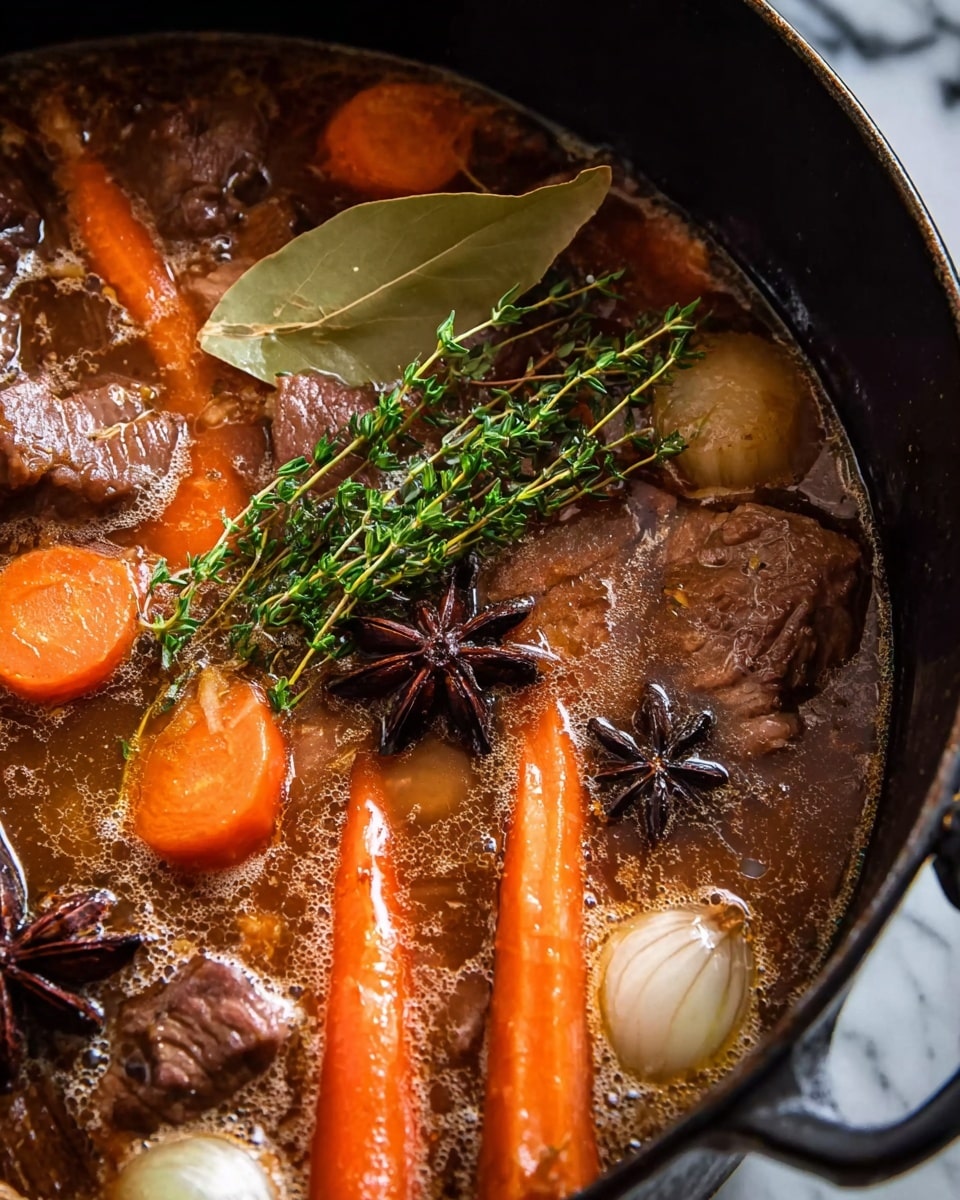 A bowl of rich brown beef stew with visible chunks of tender dark brown beef, soft caramelized onions, and an orange carrot piece, all topped with small green herb sprinkles. A slice of toasted bread with a golden-brown crust and melted creamy white cheese covers the top right edge of the bowl, with some cheese melting over the side. The bowl is white and placed on a white marbled surface. photo taken with an iphone --ar 4:5 --v 7