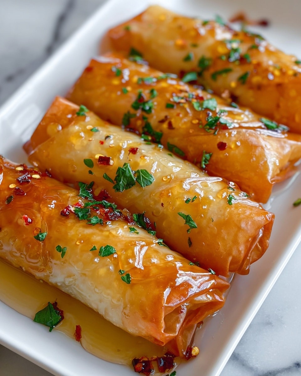 The image shows four golden brown crispy rolls placed side by side on a white rectangular plate. Each roll has a thin, flaky outer layer with a shiny glaze of honey or syrup drizzled generously over the top, creating a glossy texture. The rolls are sprinkled with small green herb leaves and red chili flakes, adding spots of green and red color contrast. The close-up view highlights the delicate layers of the crispy roll skin with visible folds and slight crinkles, and the plate rests on a white marbled surface. Photo taken with an iphone --ar 4:5 --v 7