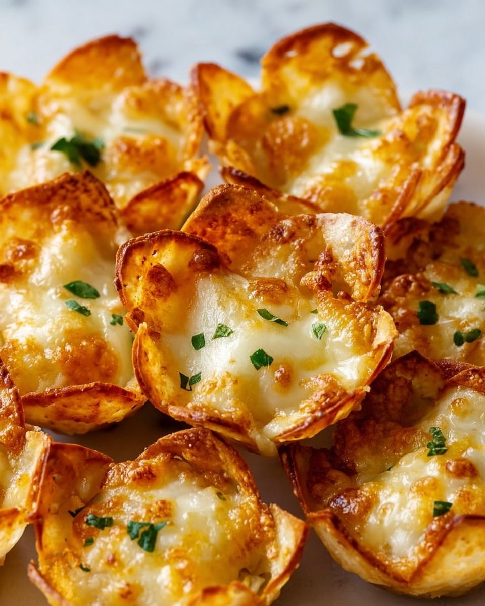 The image shows a pile of crispy golden-brown bite-sized cups filled with melted cheese, each topped with small pieces of green herbs. The cups have textured, crunchy edges and the cheese inside is creamy white with some browned spots from baking. The cups are layered close together on a white marbled surface, creating a warm and inviting look. photo taken with an iphone --ar 4:5 --v 7