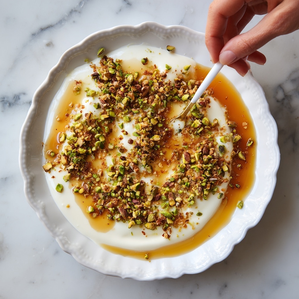 A white scalloped plate holds a dish with two smooth, creamy white layers spread across the surface. The top layer is covered with a golden brown sauce, thick and shiny, that pools slightly on the plate. Chopped green pistachios and small pieces of a crunchy topping are scattered generously over the sauce, adding texture and color contrast. A woman's hand is holding a white swizzle stick, stirring the dish gently from the right side. The background is a white marbled texture. photo taken with an iphone --ar 4:5 --v 7
