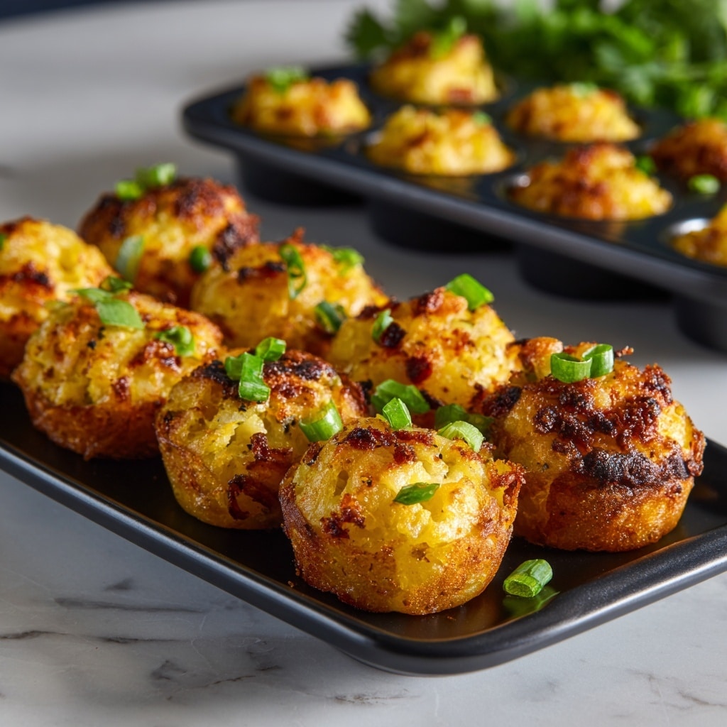 Small golden brown baked savory bites with a crispy outer layer and slightly rough texture, each shaped like tiny cups or muffins. They are sprinkled with chopped green onion pieces on top, adding a fresh green color contrast. These bites are arranged in three rows on a clean white rectangular tray. In the background, there is a white muffin pan with more of the same bites visible. The setting has a white marbled surface, with a hint of greenery blurred in the far back. Photo taken with an iphone --ar 4:5 --v 7