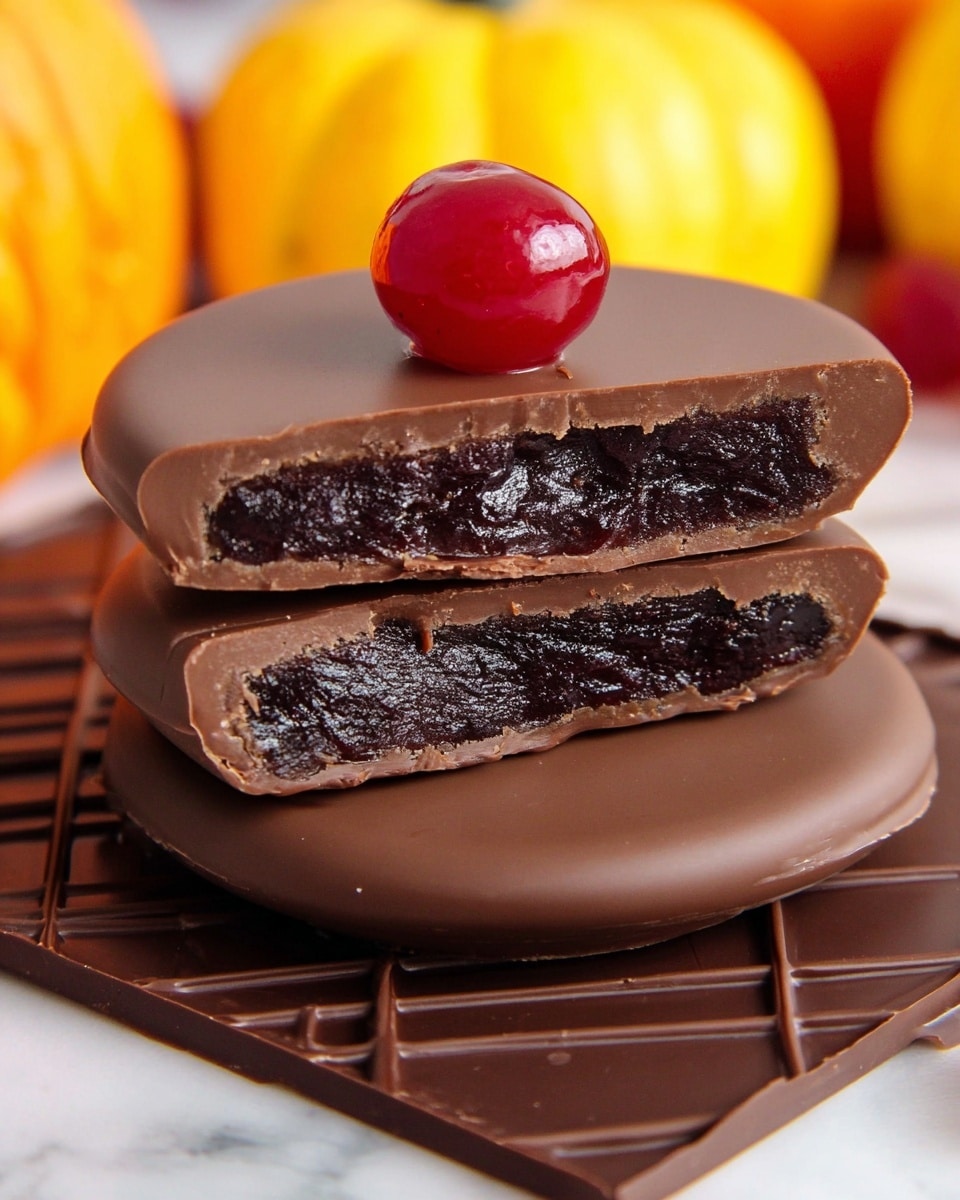 A stacked view of two round chocolate-covered disks, each with a thick dark, glossy center layer and a smooth milk chocolate outer layer, placed on top of a larger chocolate disk. The top disk is cut in half to show the dense, dark filling inside, while a single bright red cranberry sits atop the sliced half. The background features blurred yellow, orange, and brown spherical objects on a white marbled surface. photo taken with an iphone --ar 4:5 --v 7