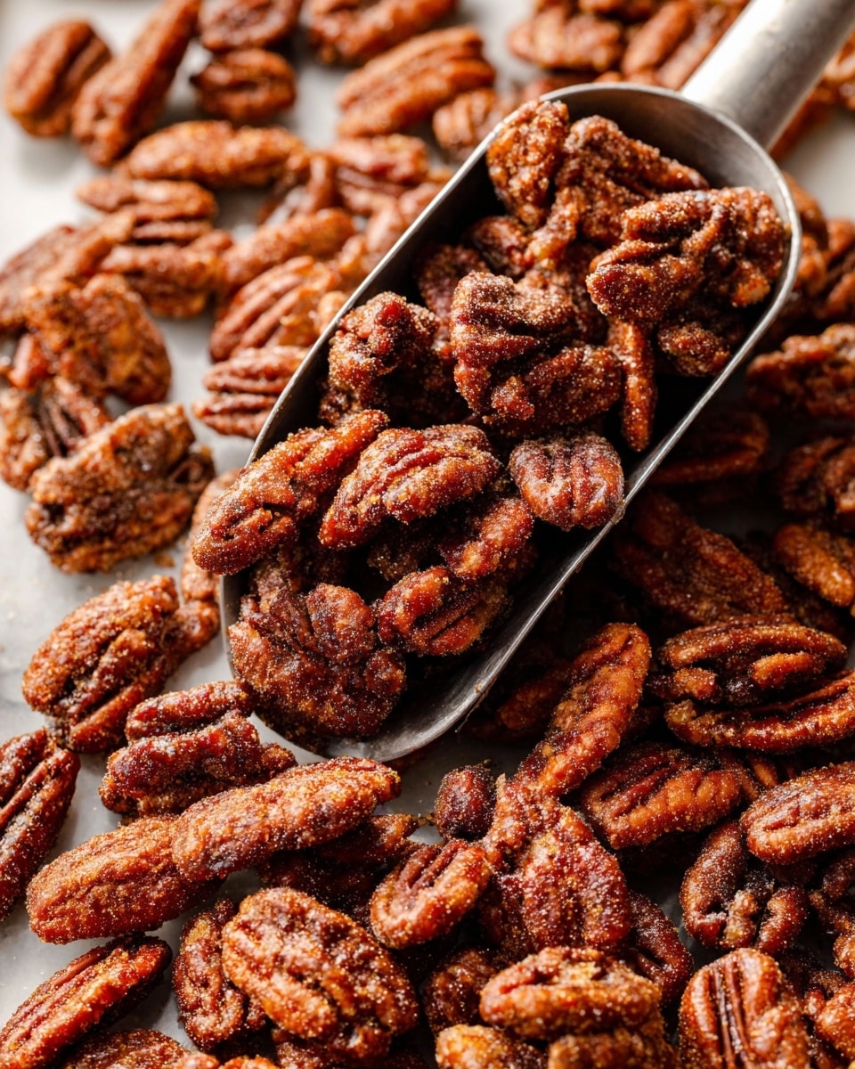 The image shows a close-up of many candied pecans piled on a white marbled surface, emphasizing their rough, sugary texture and warm brown colors with darker ridges. A metal scoop holds a smaller bunch of the pecans above the pile, showing their uneven shapes and the sugary coating that glistens slightly under the light. The pecans have a rich, toasted look with their natural grooves visible through the sugary layer. photo taken with an iphone --ar 4:5 --v 7